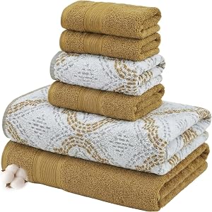 Modern Threads Capri 6-Piece Reversible Yarn Dyed Jacquard Towel Set - Bath Towels, Hand Towels, & Washcloths - Super Absorbent & Quick Dry - 100% Combed Cotton, Gold