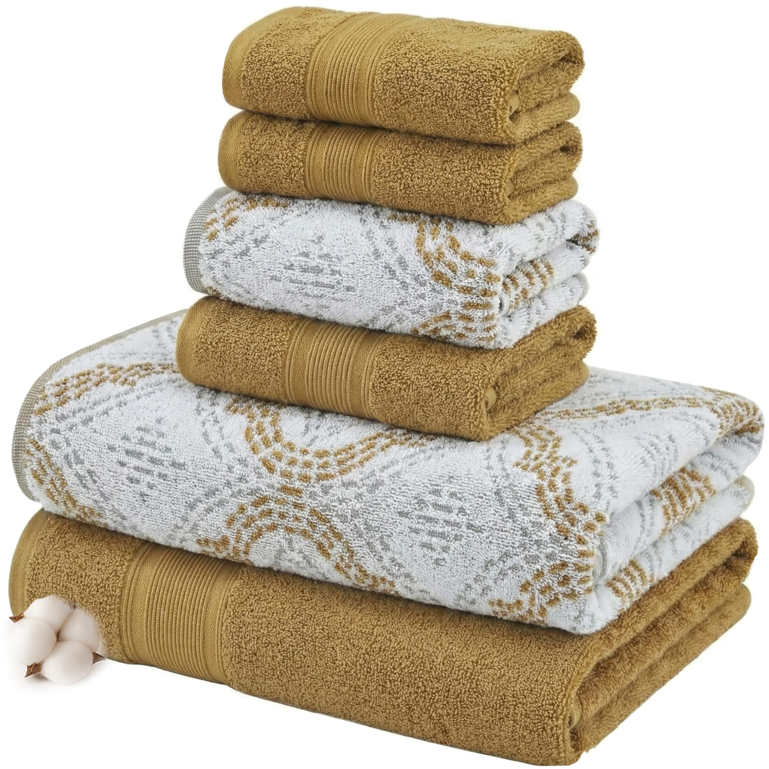 Modern Threads Capri Lot de 6 Serviettes Jacquard réversibles en Fil Teint – Serviettes de Bain, essuie-Mains et débarbouillettes – Super absorbantes et à séchage Rapide – 100% Coton peigné – Doré