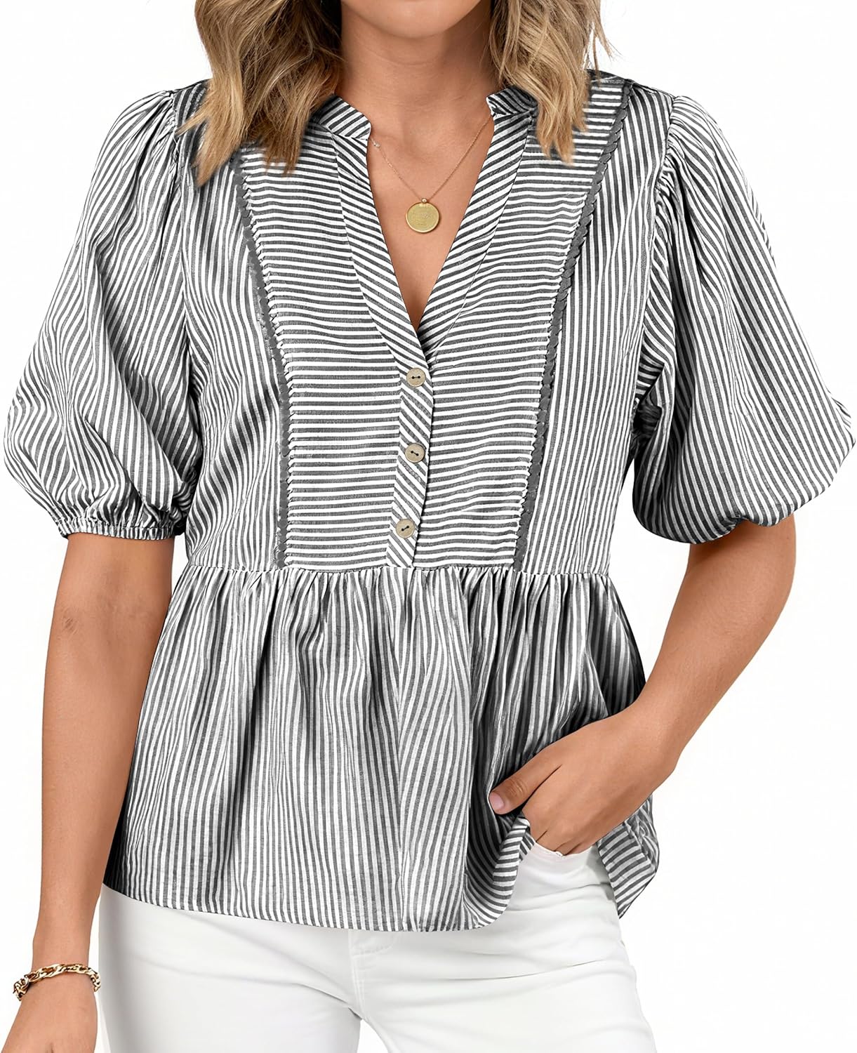 dowerme Womens Summer Tops 2026 Fashion Lantern Short Sleeve V Neck Button Peplum Shirts Spring Stripes Babydoll Blouses