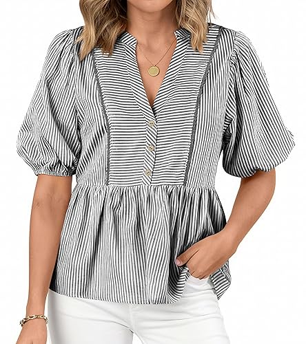 dowerme Womens Summer Tops 2026 Fashion Lantern Short Sleeve V