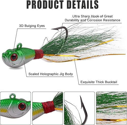 Miniatura 9 de Bucktail Jigs - Señuelos Fluke de agua salada, 5 piezas de cola de cubo, cebos para pesca de cabeza, kit surtido para pelotas, pesca de pescado