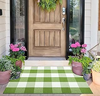 Layered Doormat 24''x35'' Green and White Buffalo Plaid Porch Mat Cotton...