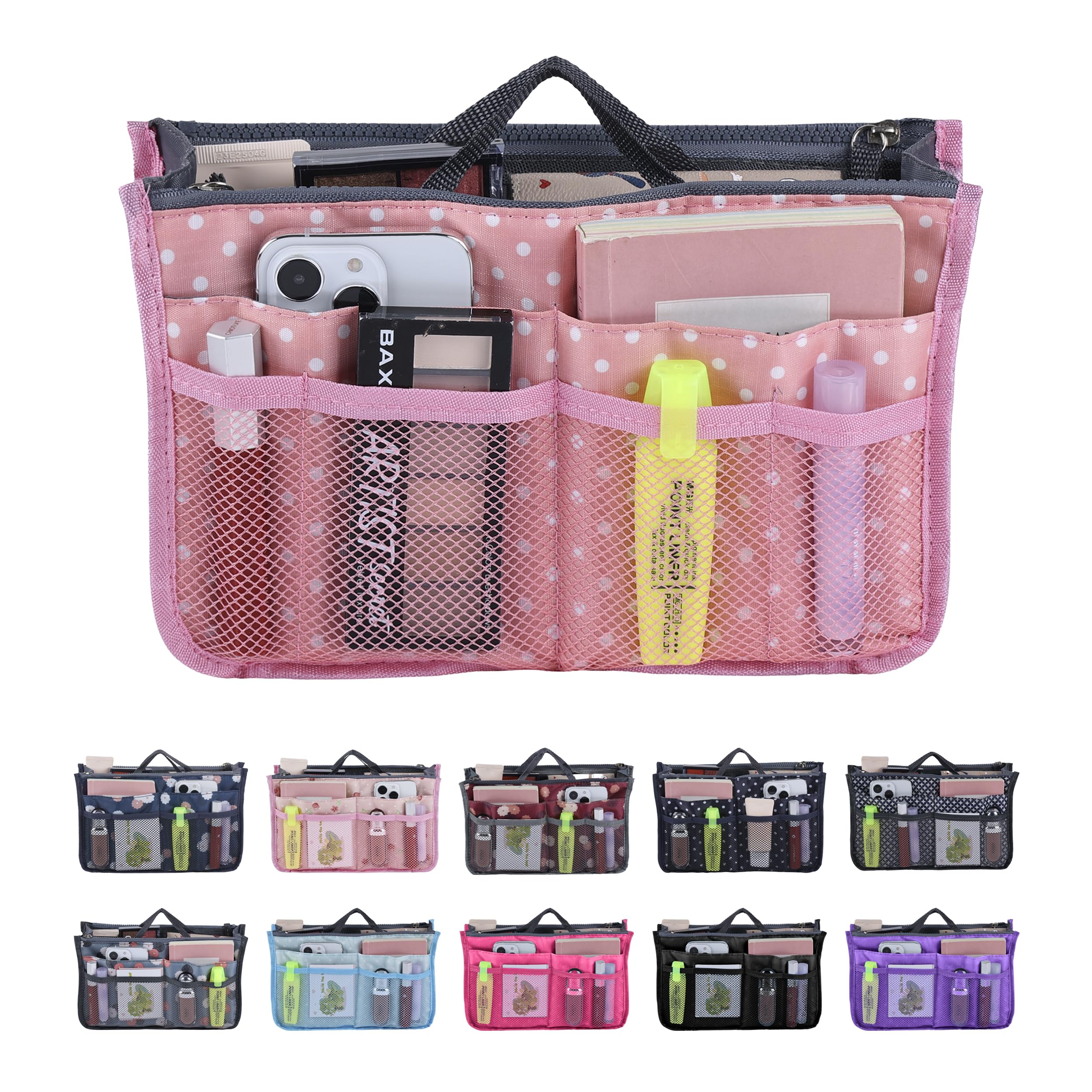JJ PRIME Multi Compartment Pink Tote Bag Organiser | Expandable Handbag Divider With 13 Pockets (Polka Dots, Pink)