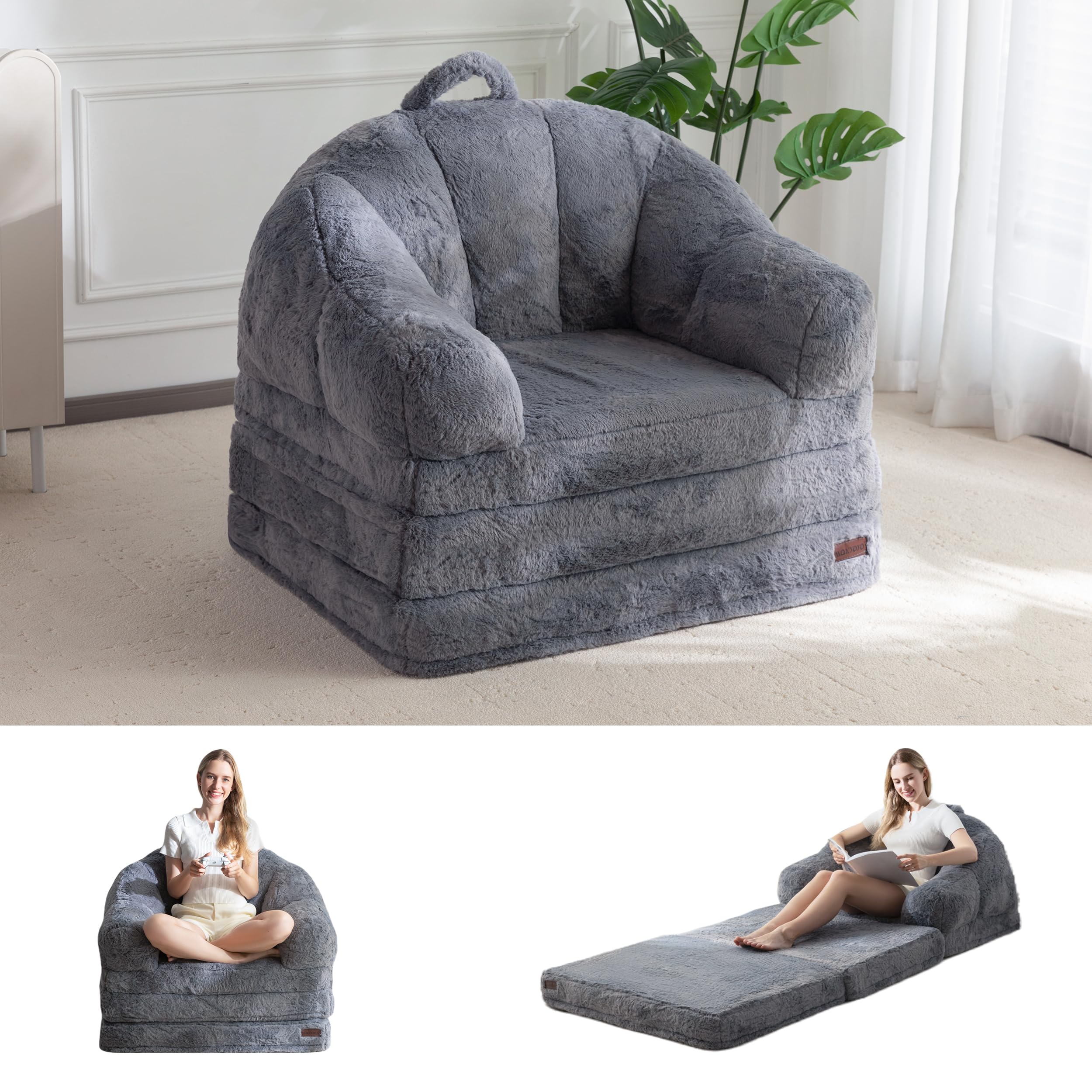 MAXYOYO Folding Sofa Bed, Comfy Faux Fur Fabric, Convertible Floor Sofa Lounge with Handle, Single Bean Bag Chair for Adults, Sleeper Chair for Living Room Bedroom — image 1