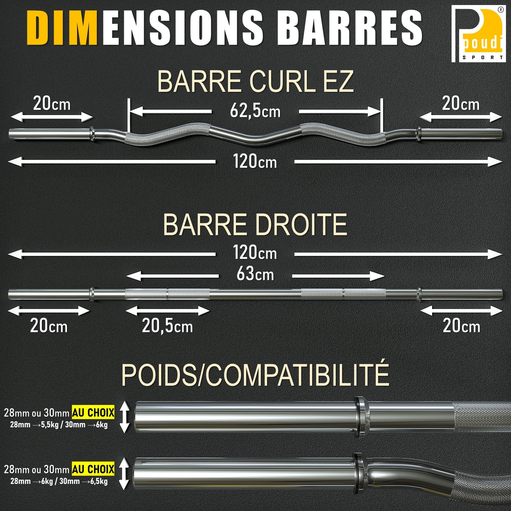 1 barre curl EZ 120cm + 1 barre droite de musculation 120cm + 4 colliers de serrage | Ø 28mm ou 30mm | Acier chromé | 4 anneaux de soutien amovibles