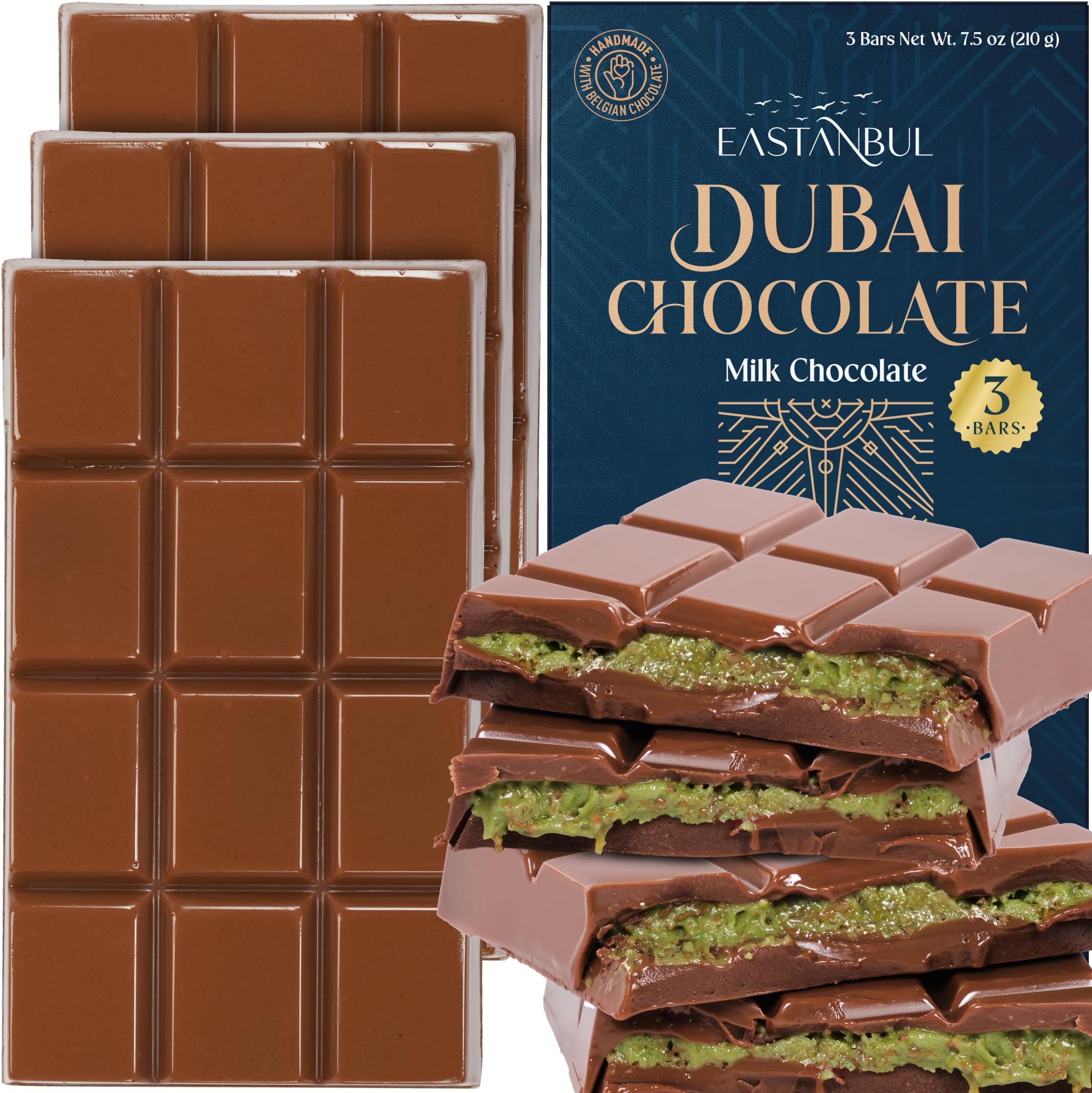 Dubai Chocolate Bar Pistachio, 3 Pieces x Each 70g, Pistachio Dubai Chocolate Bar with Shredded Phyllo Dough, Knafeh, Viral Candy, Gift Box