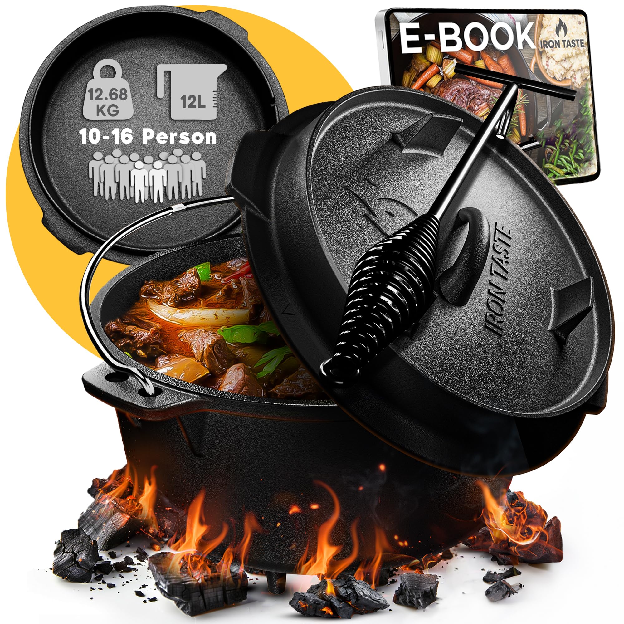 Dutch Oven Set 12L - Eingebrannter Dutch Oven 12 Liter - Feuertopf Gusseiserner Topf mit Füßen & mit praktischem Deckelheber [für 10-16 Personen]