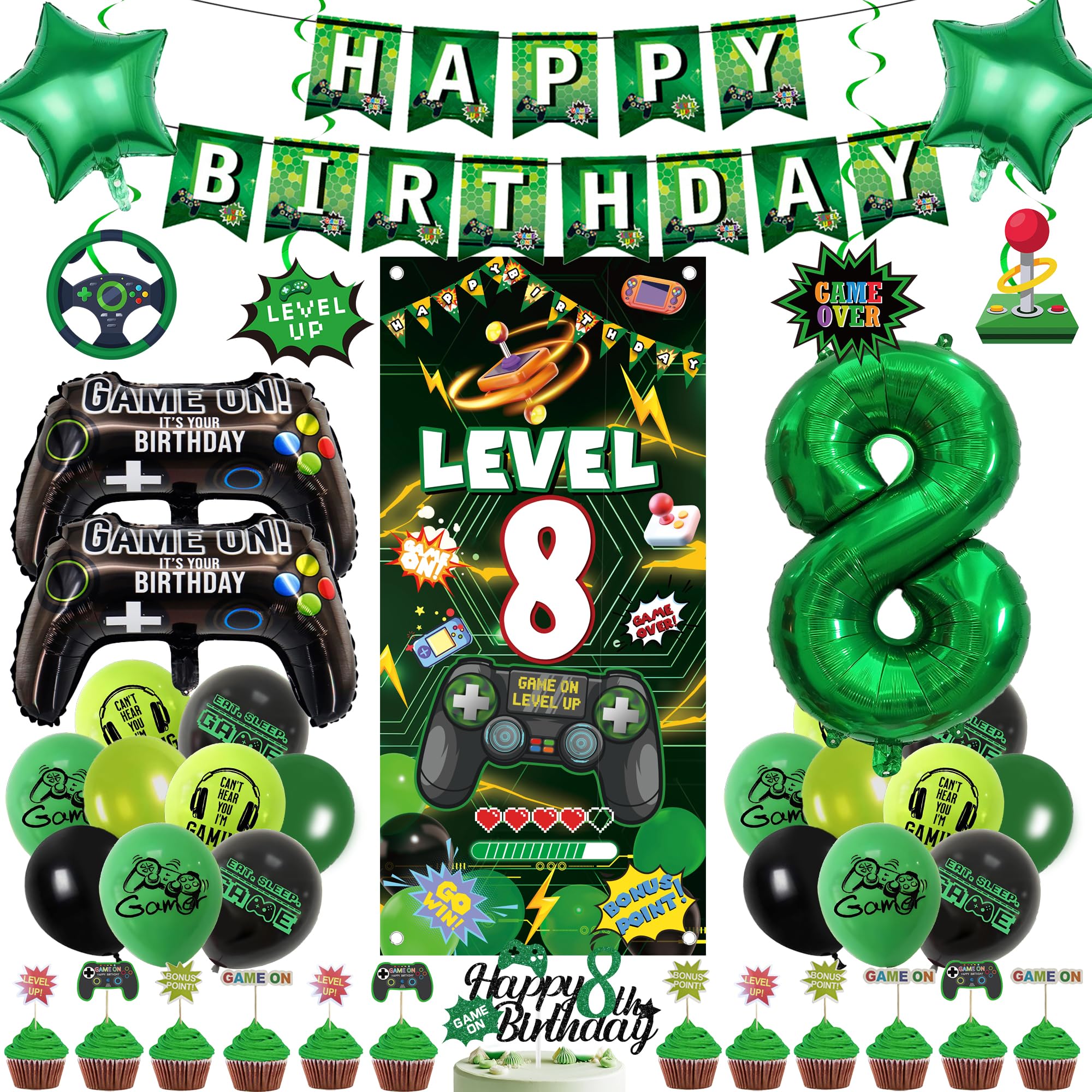 8th Birthday Decorations Video Game - 45 Pcs Green Gaming Birthday Decorations Including Banner, Number 8 Foil Balloon, Backdrop and Cake Toppers for 8 Years Old Party Supplies