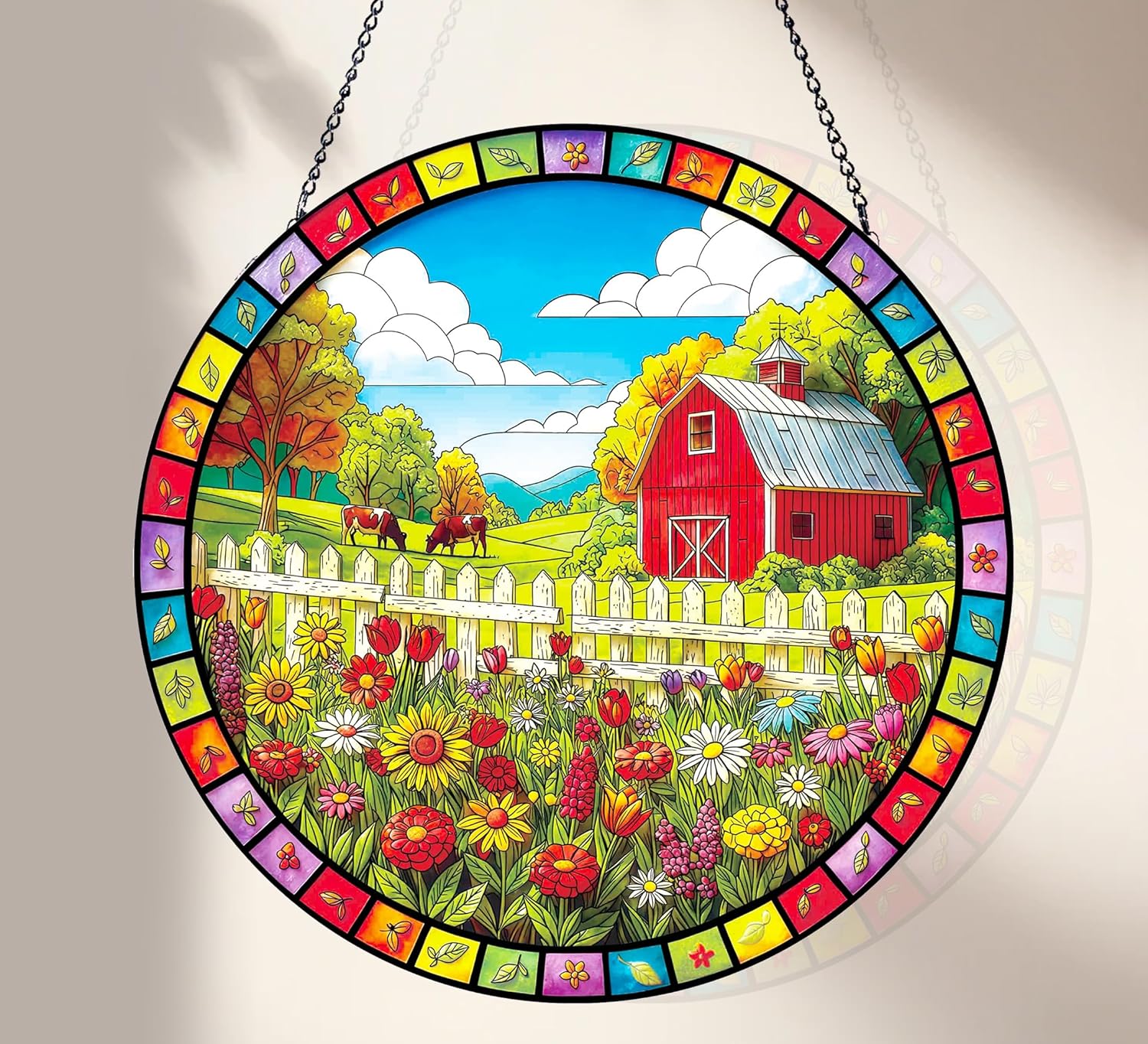 Stained Glass Window Hanging, Scenery Sun Catchers Stained Glass Panels for Indoor Windows Wall Art Decor, Birthday Gift for Mom Women Wife Men Lovers (11.8inch)