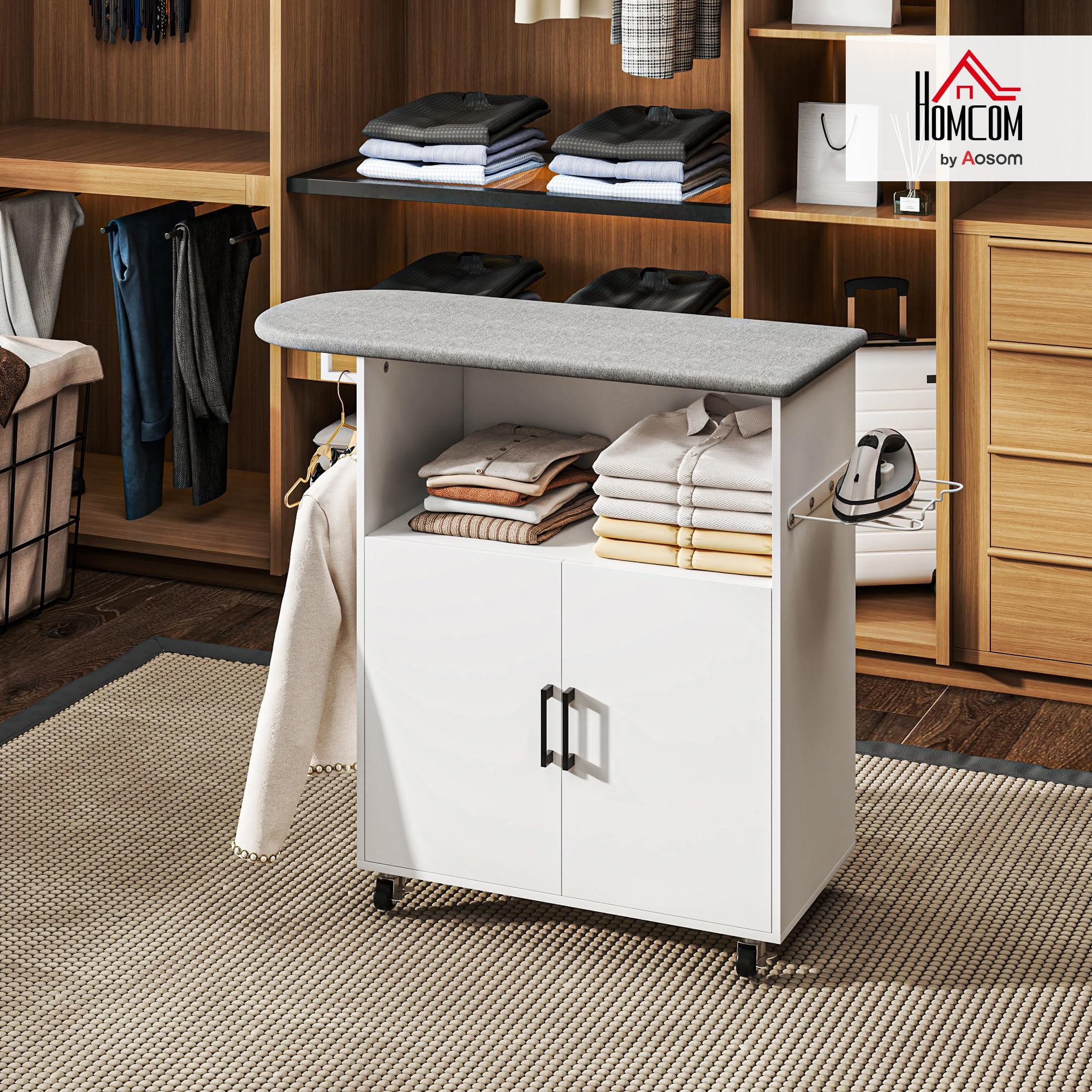 HOMCOM Armoire à repasser sur roulettes - Planche à repasser avec support de suspension - Tablette ouverte et planche à repasser - 125 x 43,5 x 102,5 cm - Blanc