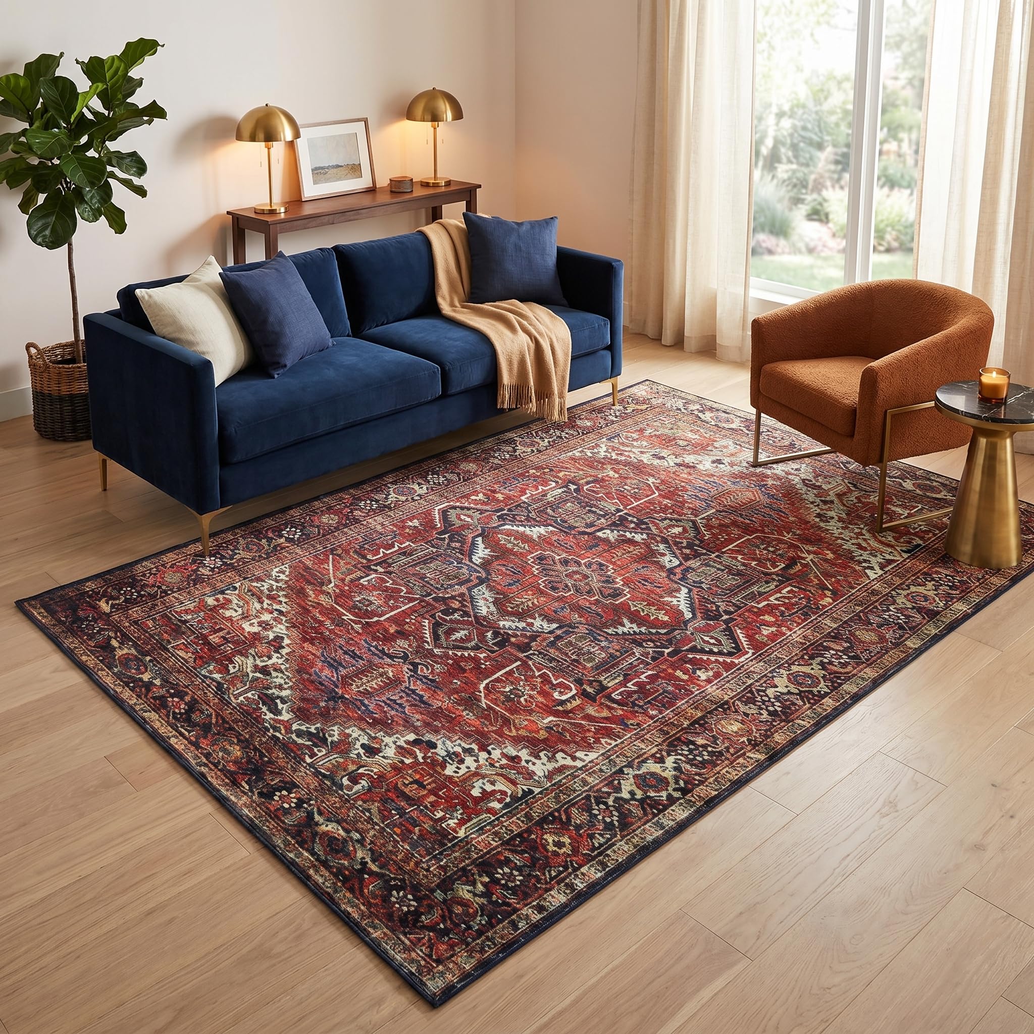 TAPISO Ispahan Teppich Klassisch Vintage Rostrot Gold 160 x 230 cm | bedruckter Teppich mit Antirutsch Wohnzimmer Schlafzimmer Oeko-Tex