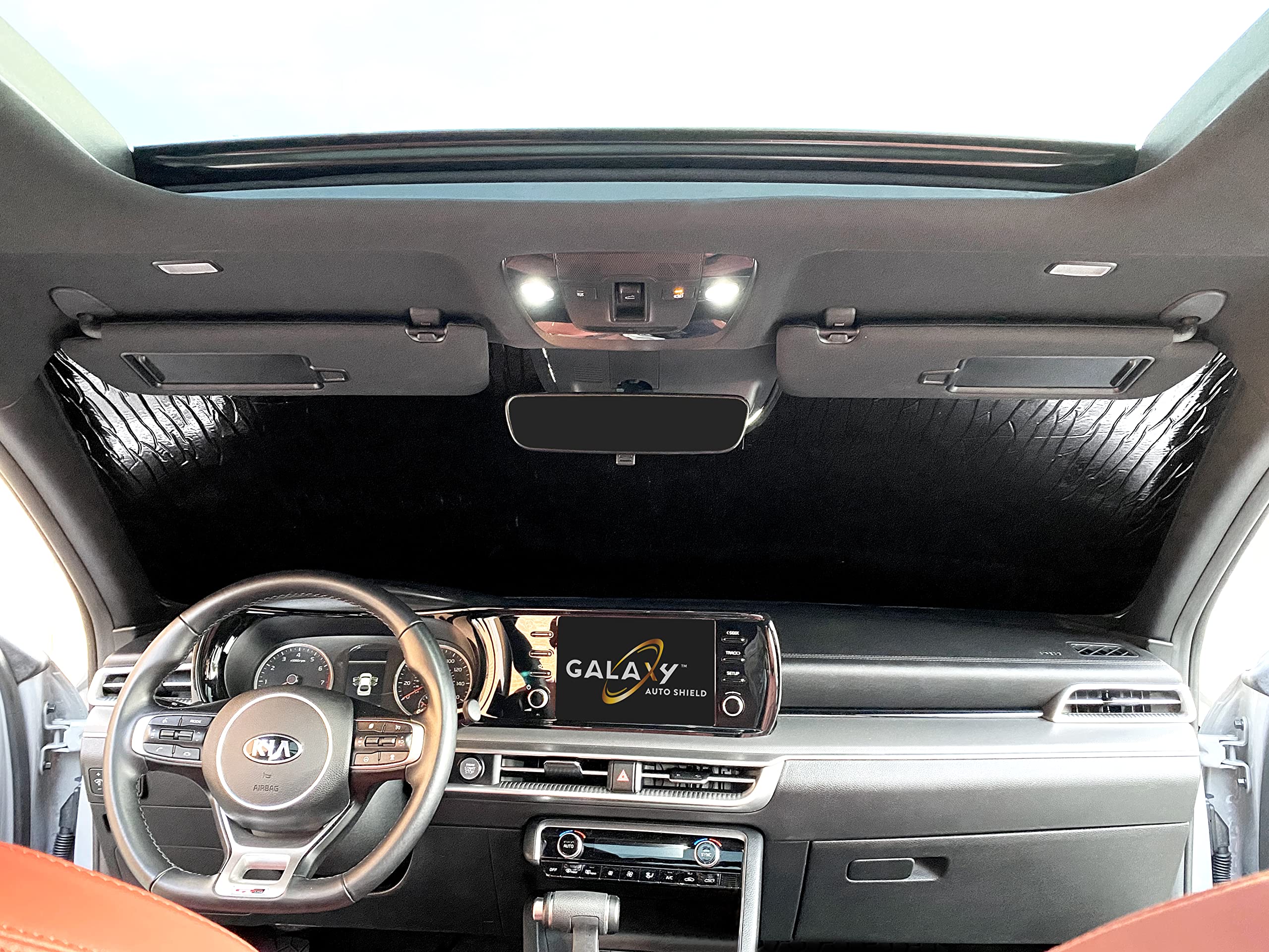 GalaxyAutoShield Custom Fit Reflective Windshield Sun Shade Compatible with 2021 2022 2023 2024 2025 Kia K5 Sedan, Insulated Window Sunshade Privacy Blockout UV Reflector Protection - Made in USA