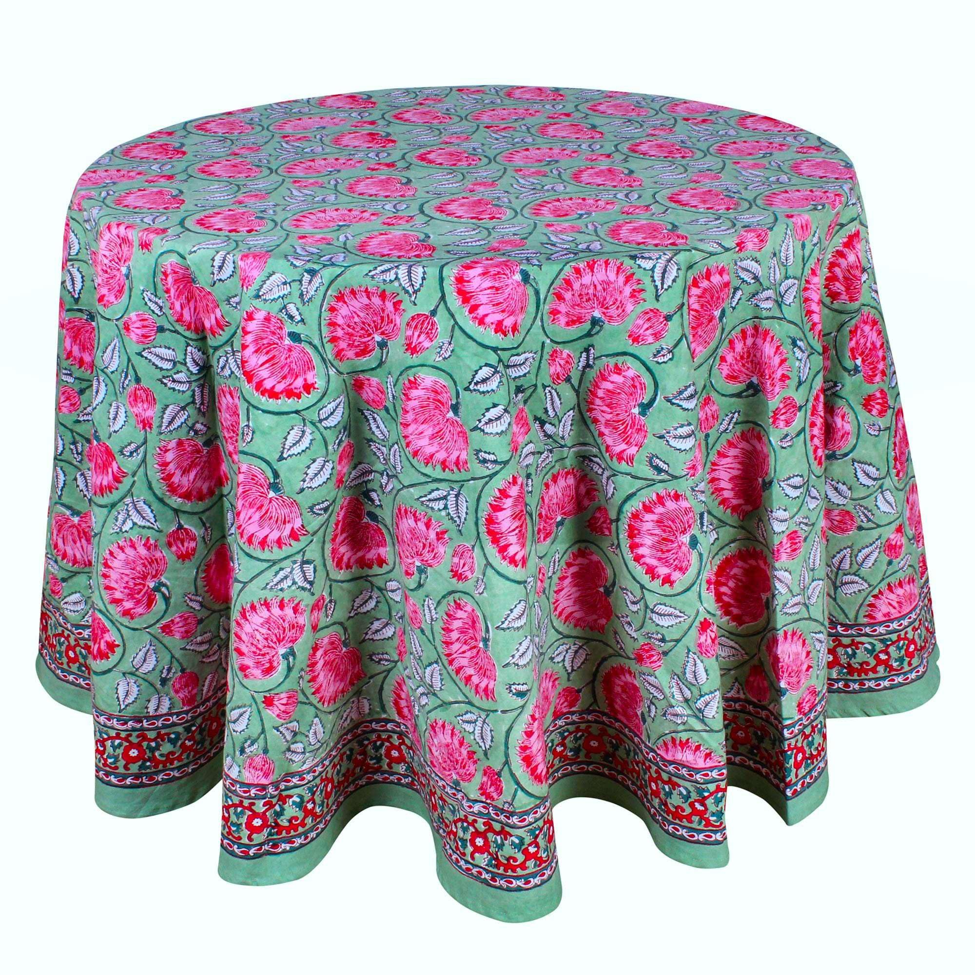 Mantel redondo de 100 % algodón, color verde y rosa, para primavera y verano, mantel con estampado de bloques para comedor, bodas, al aire libre, fiestas, Grand Millenial Home, 72
