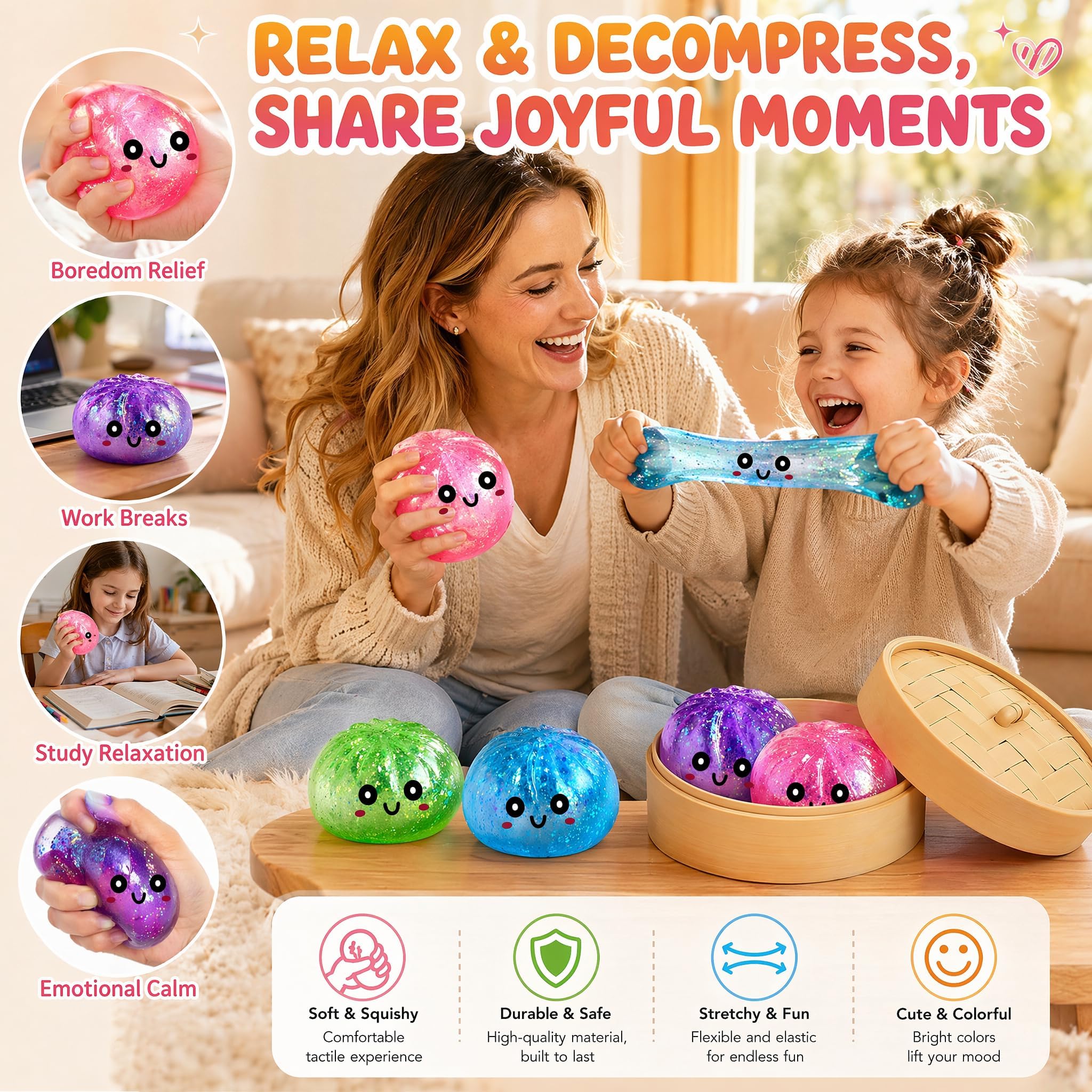 Dumpling Squishy, 4 Stück Glitter Dumpling Squishy Set | Anti Stress Bälle Fidget Spielzeug für Kinder Erwachsene, Dumplings Squishies Fidget Toys für Stress Relief, Fidgets Gifts
