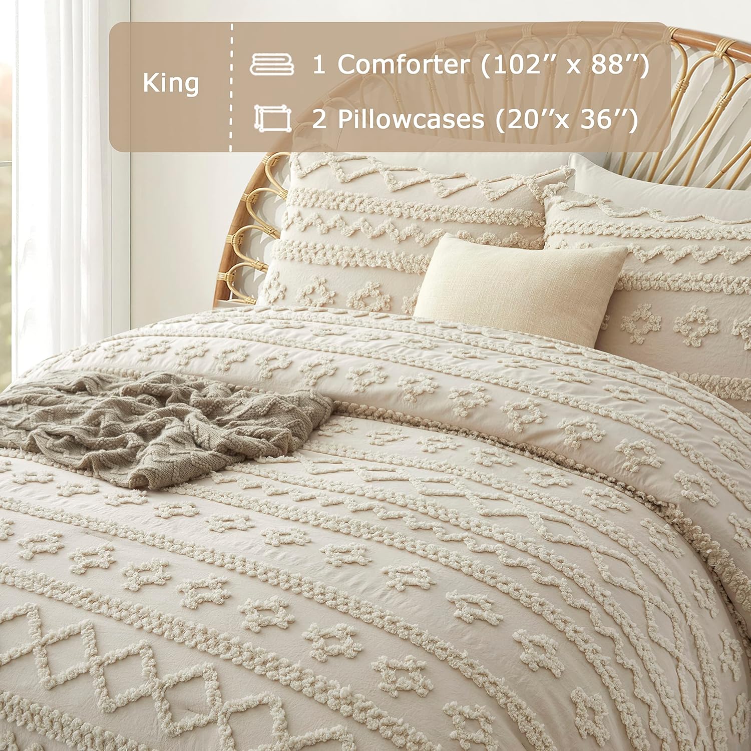 Oli Anderson Beige King Comforter Set Tufted Geometry Bedding Set King 3 Pieces, Boho Shabby Chic Comforter with 2 Pillowcases - Image 4