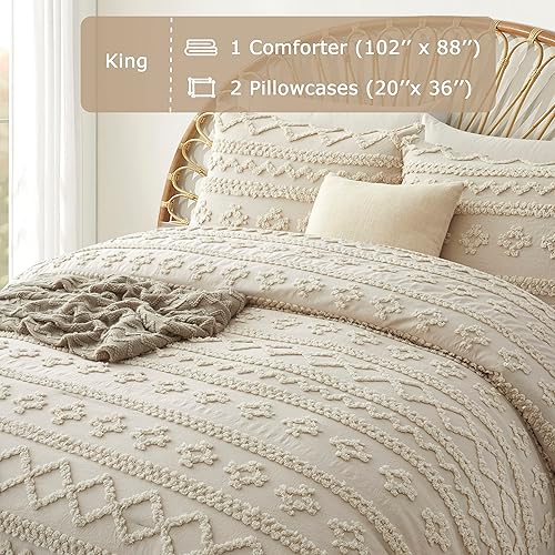 Miniatura 4 de Oli Anderson Juego de edredón beige tamaño King, juego de ropa de cama de geometría copetuda, tamaño King, 3 piezas, edredón bohemio desgastado chic