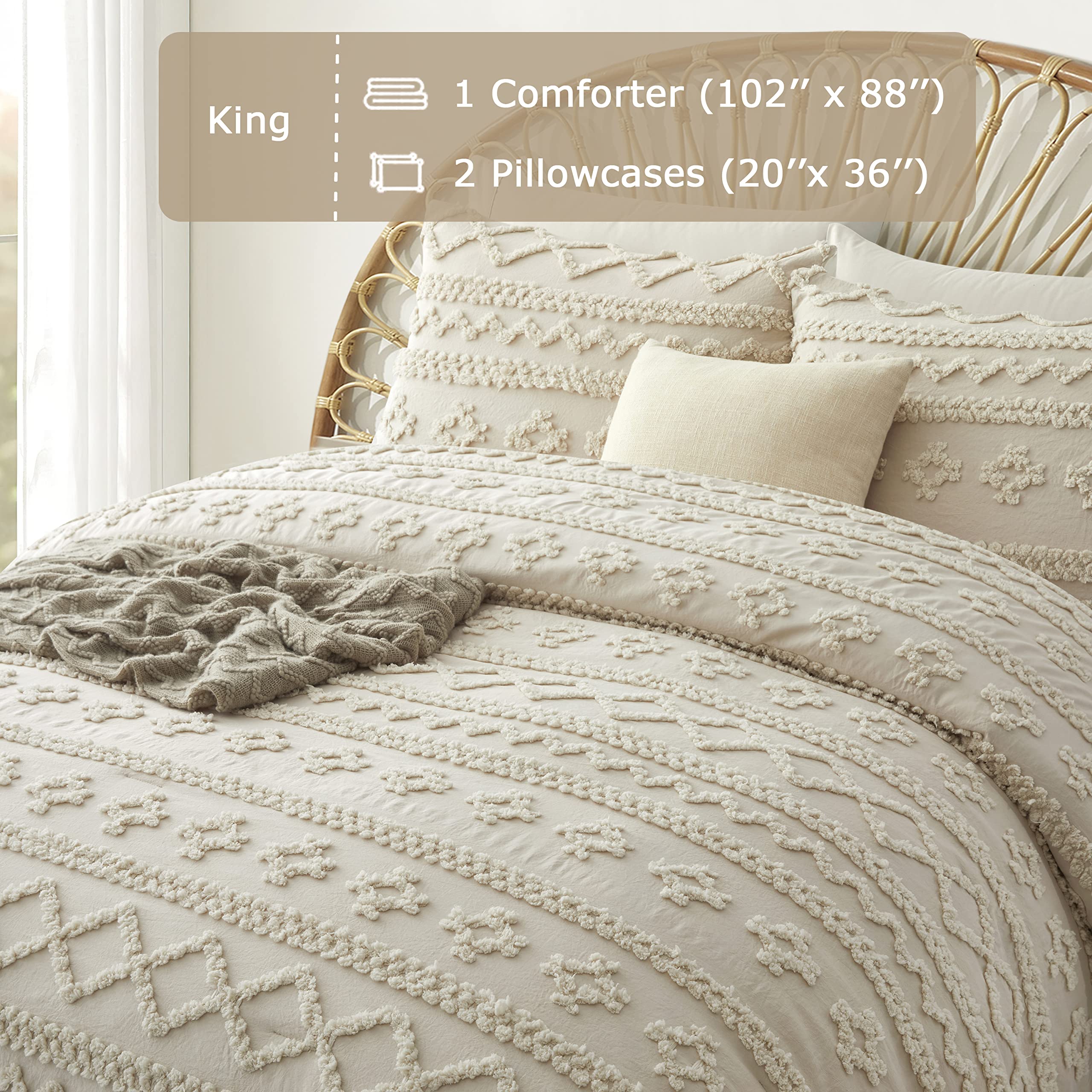 Oli Anderson Beige King Comforter Set Tufted Geometry Bedding Set King 3 Pieces, Boho Shabby Chic Comforter with 2 Pillowcases (Beige,King)