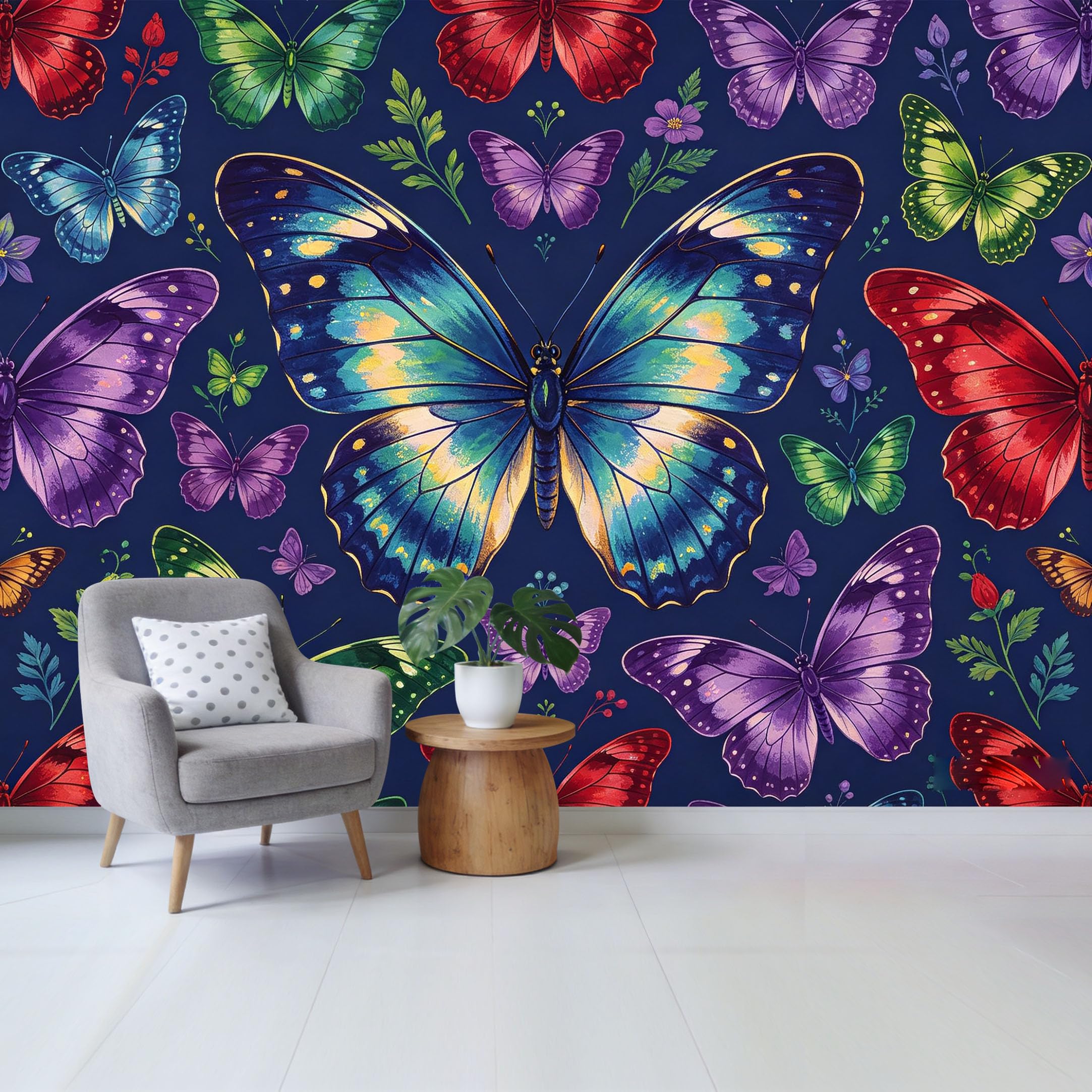 Qzlithotic Yq2605251224 Custom Size Wall Mural Colorful Butterfly Botanical Pattern Vibrant Nature Art Selfadhesive Wall Fabric Removable Wallpaper For Home Office Decor