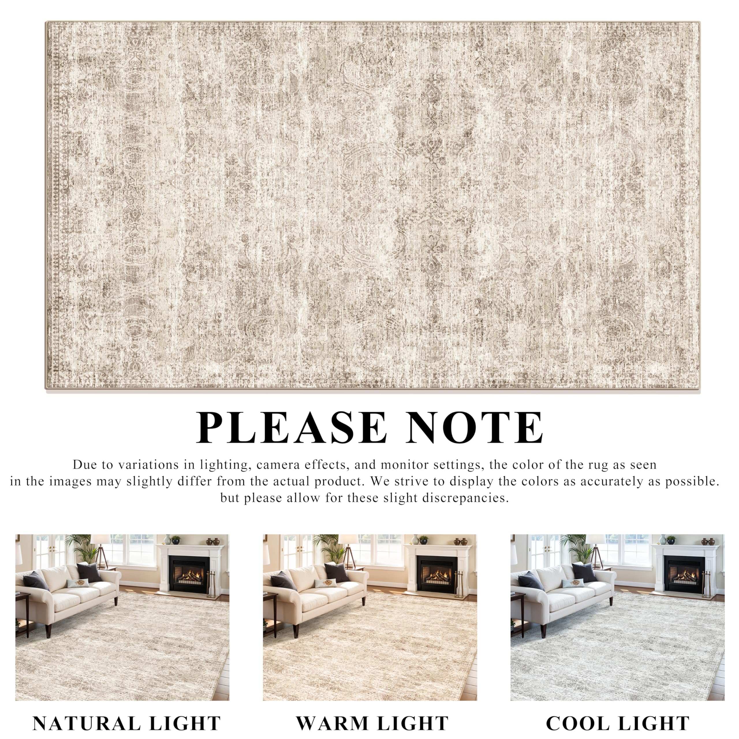 Washable Oriental Area Rug - 9x12 Rugs for Living Room Soft Carpet for Bedroom Waterproof Floral Distressed Indoor Stain Resistant Non-Shedding Floor Carpets (Beige, 9x12)