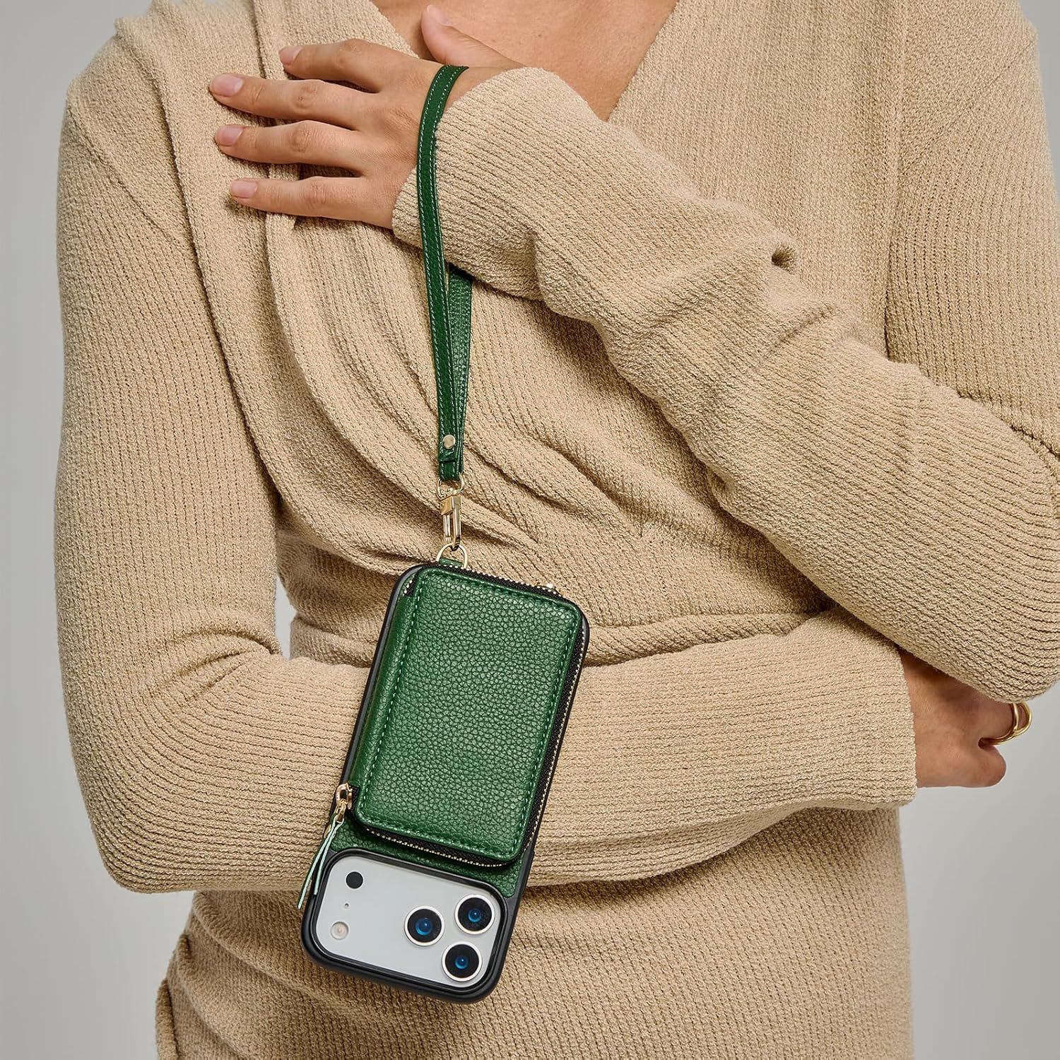 ZVE for iPhone 17 Pro Wallet Case with Card Holder, Crossbody Zipper Leather Phone Cover for Women 6.3" Dark Green - Image 5