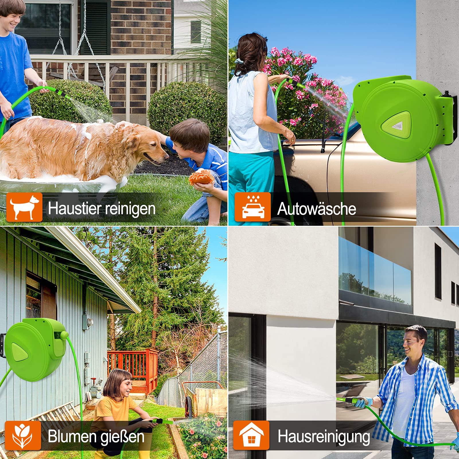 HENGMEI Avvolgitubo mobile con 20 m + 2 m di tubo – Avvolgitubo automatico girevole a 180° per irrigazione, lavaggio auto