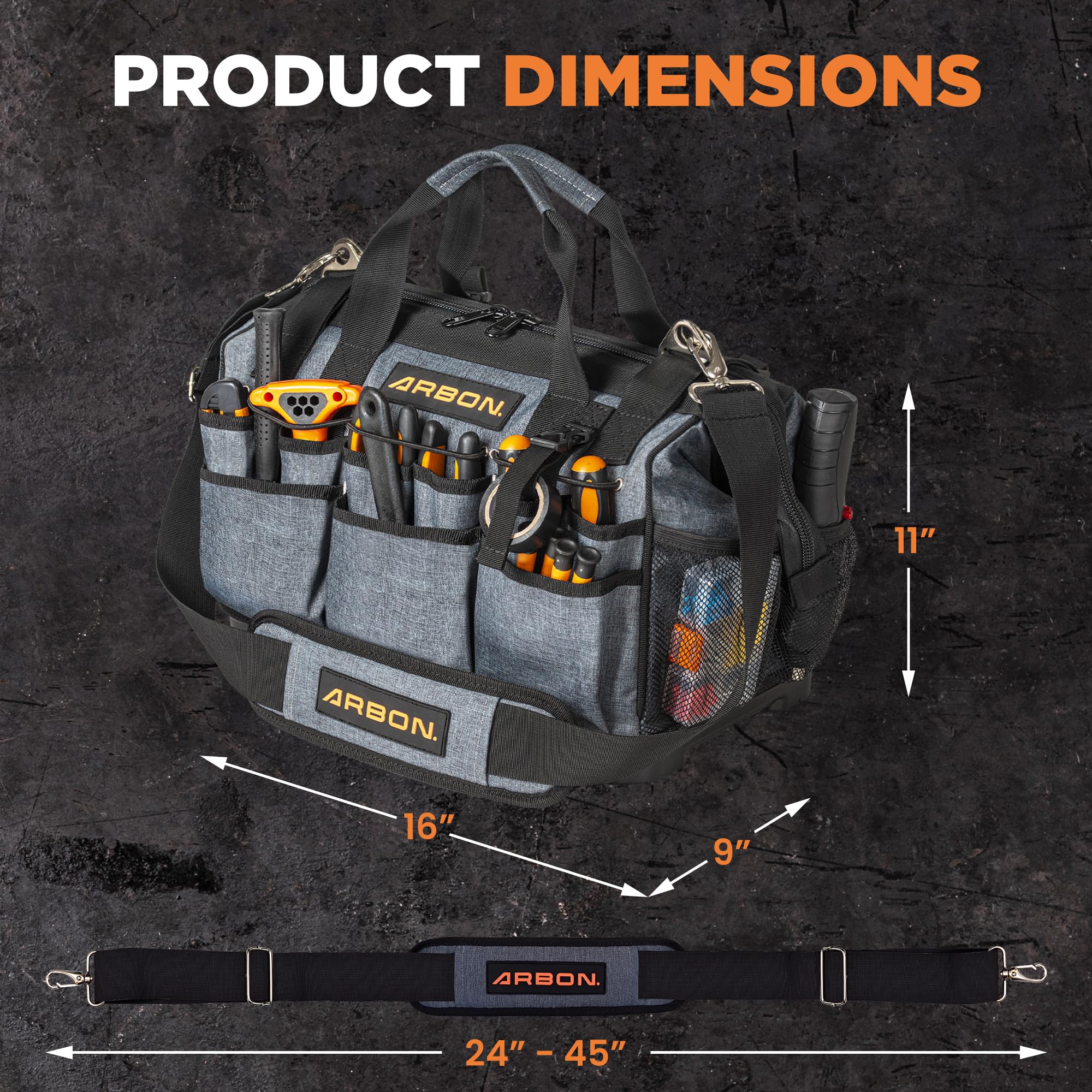 ARBON Bolsa de herramientas resistente con base moldeada: bolsa de herramientas superior de boca abierta bolsas de mano organizador para hombres y mujeres artesano eléctrico Hvac Carpenter y Mechanic