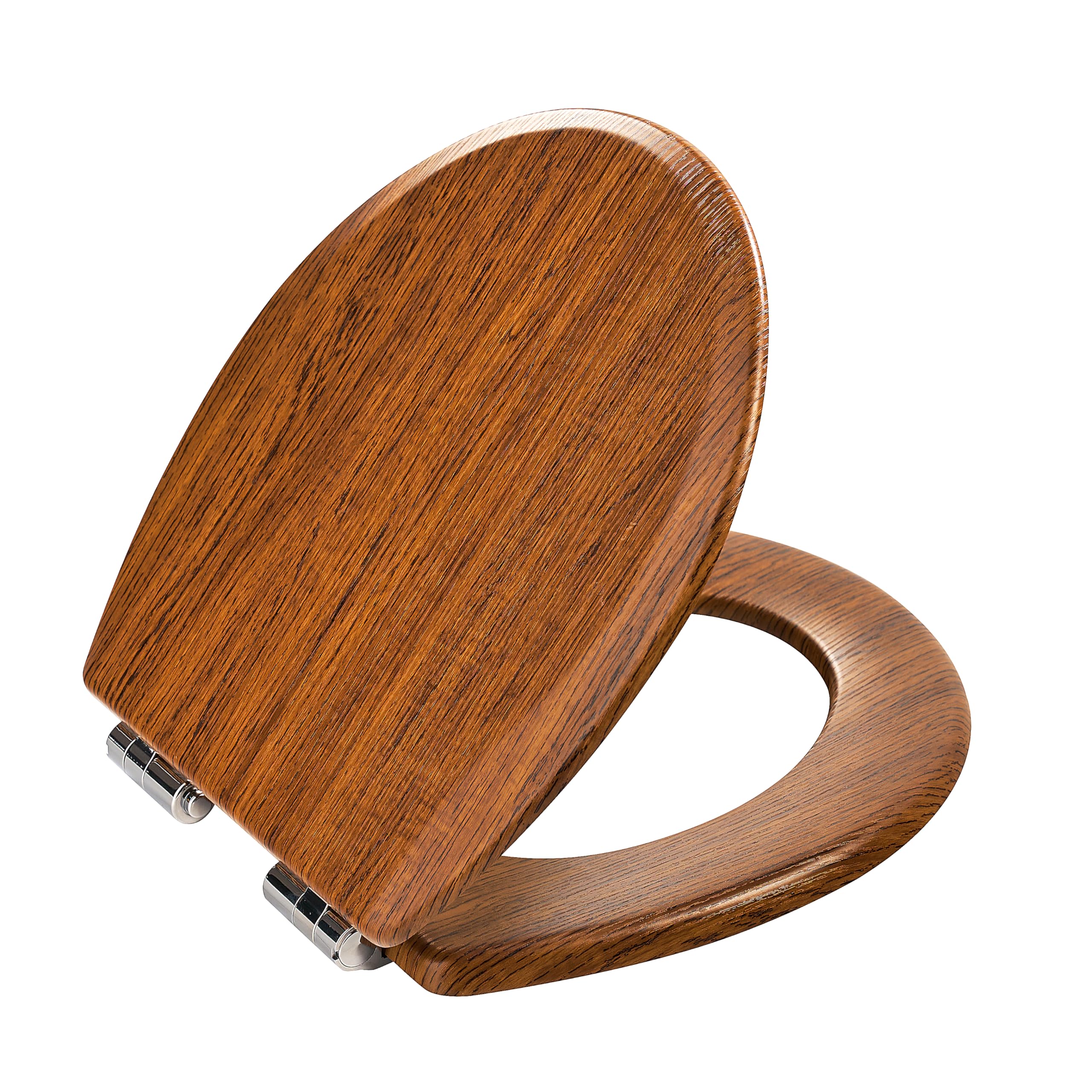 toilet seat, slow close, premium moulded wood, quick release, red oak look, piklids, laminated woodgrain finish (round)