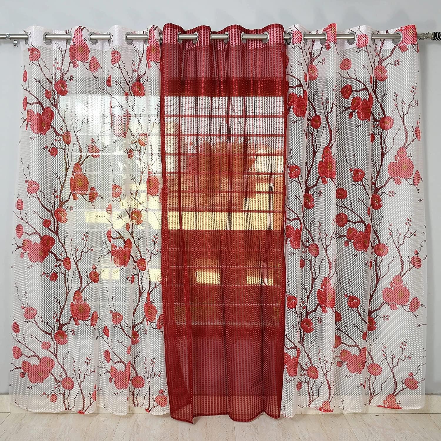 JBG HOME STOREFloral and Plain Combo 9Ft Long Door Curtain Pack of 3 | Net Tissue Light Filtering Panel and Drapes for Living Room | Curtains for Home Office Decor, 4 x 9 Feet (Maroon)