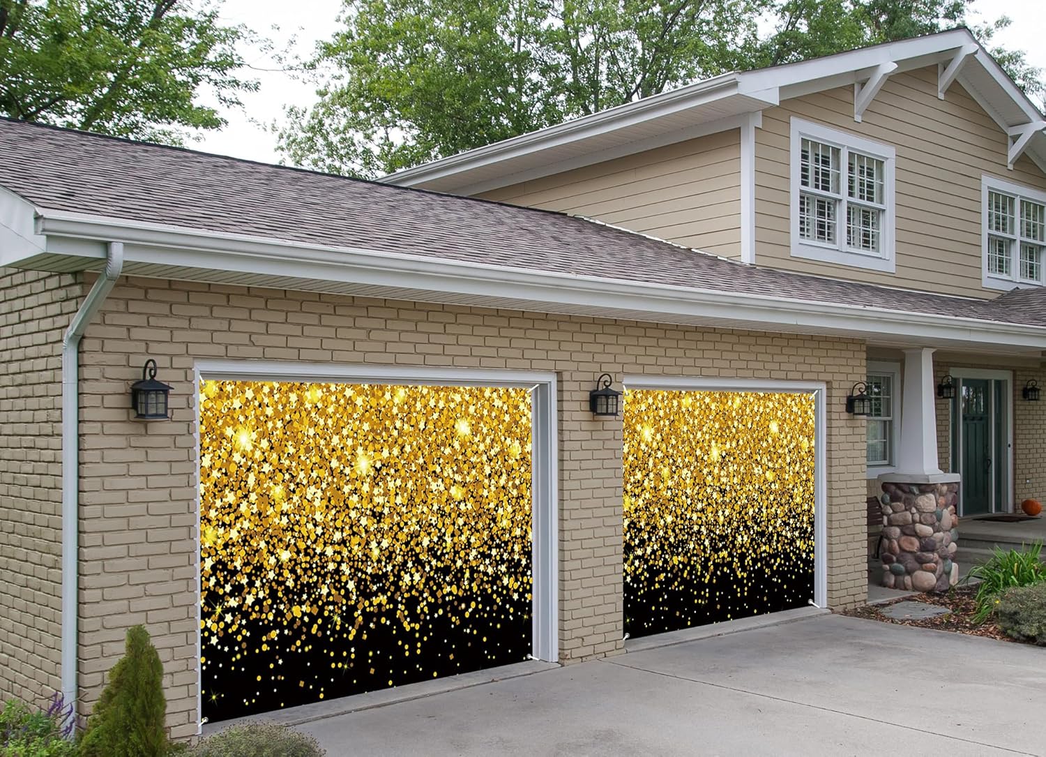 7x8ft Gold Glitter Garage Door Decoration Golden Sparkling Star Spots Bokeh Garage Door Cover Christmas Happy New Year Indoor Outdoor Luxury Festive Background Decor