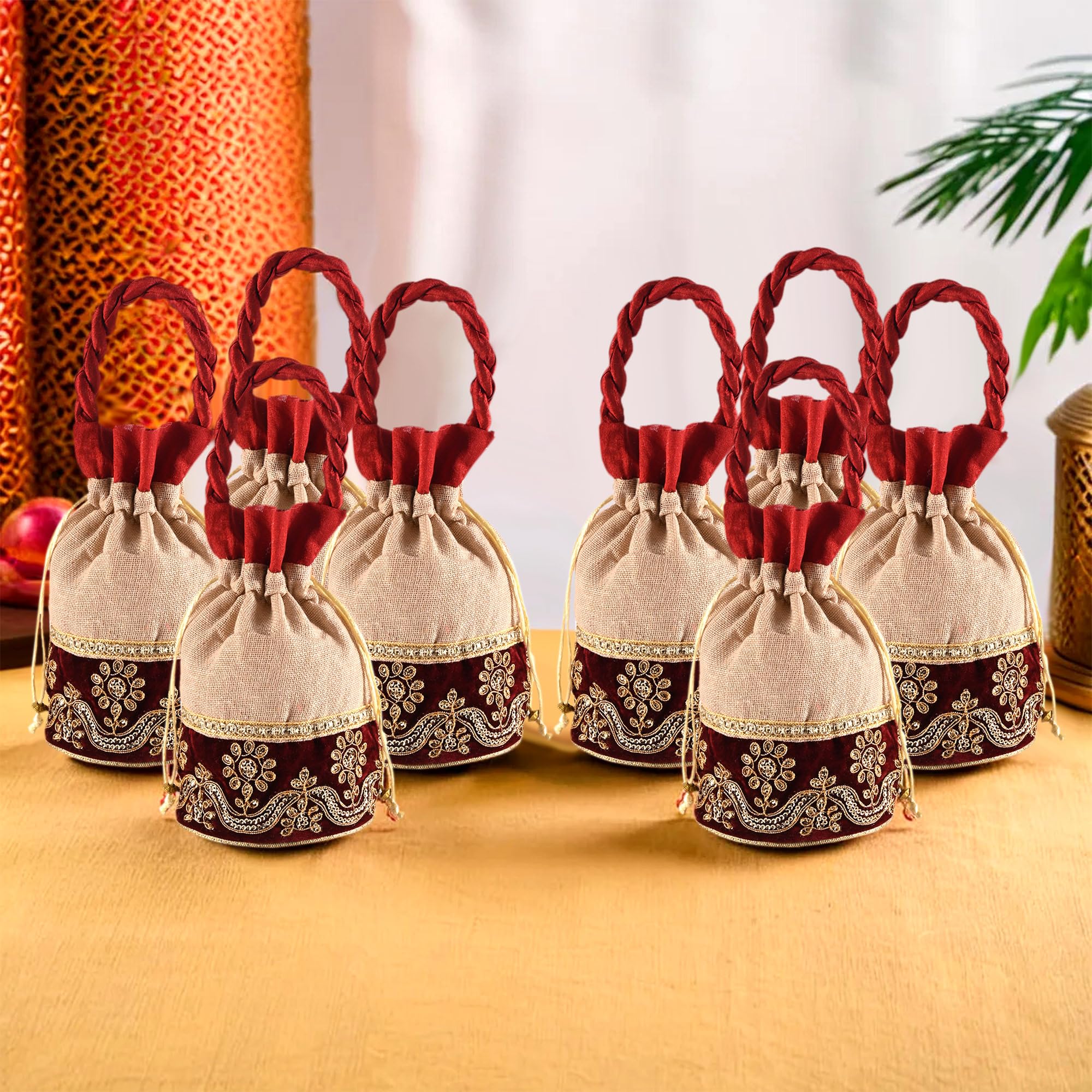 Kuber Industries Potli | Wedding Potli | Drawstring Potli with Handle | Wallet Potli | Christmas Gift Potli | Baby Shower Potli | Traditional Shagun Potli | Pack of 8 | Cream & Maroon-image-39