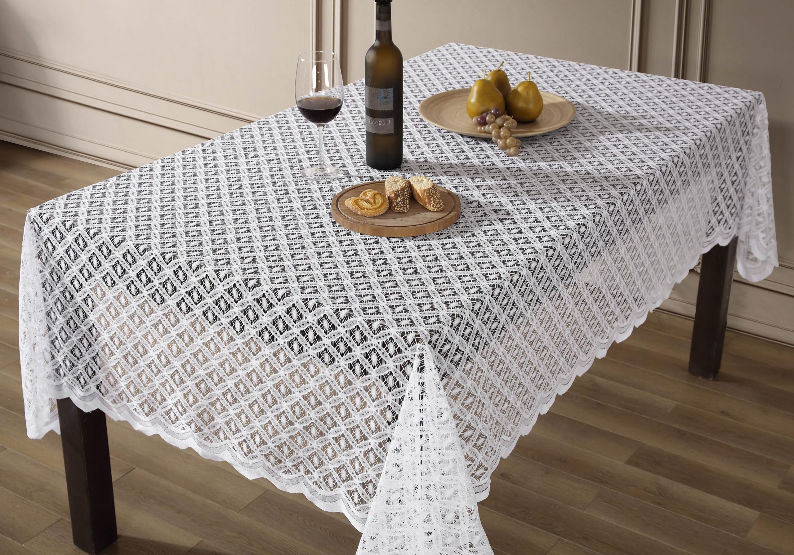 HLC.ME Sedona Spitzenstoff-Tischdecke, Spitzentischdecke für rechteckige Tische, knitterfrei, gemustert, gewellt (60B x 104L, Weiß)