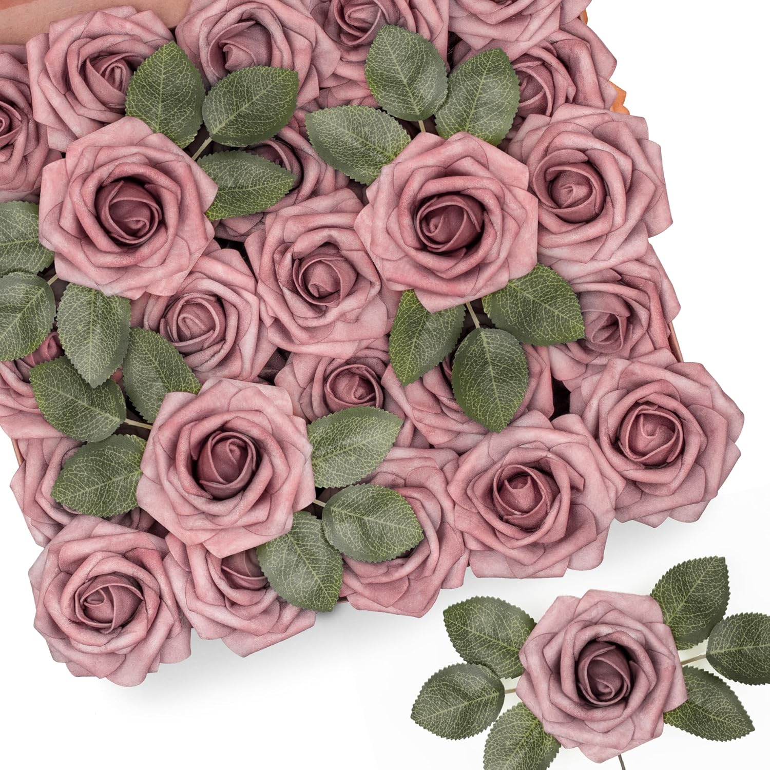 Mocoosy 50Pcs Artificial Rose Flowers, Dusty Roses for Decorations, Real Touch Fake Foam Rose Bulk with Stems DIY Wedding Bouquets Bridal Shower Centerpiece Floral Arrangements Party Home Table Decor