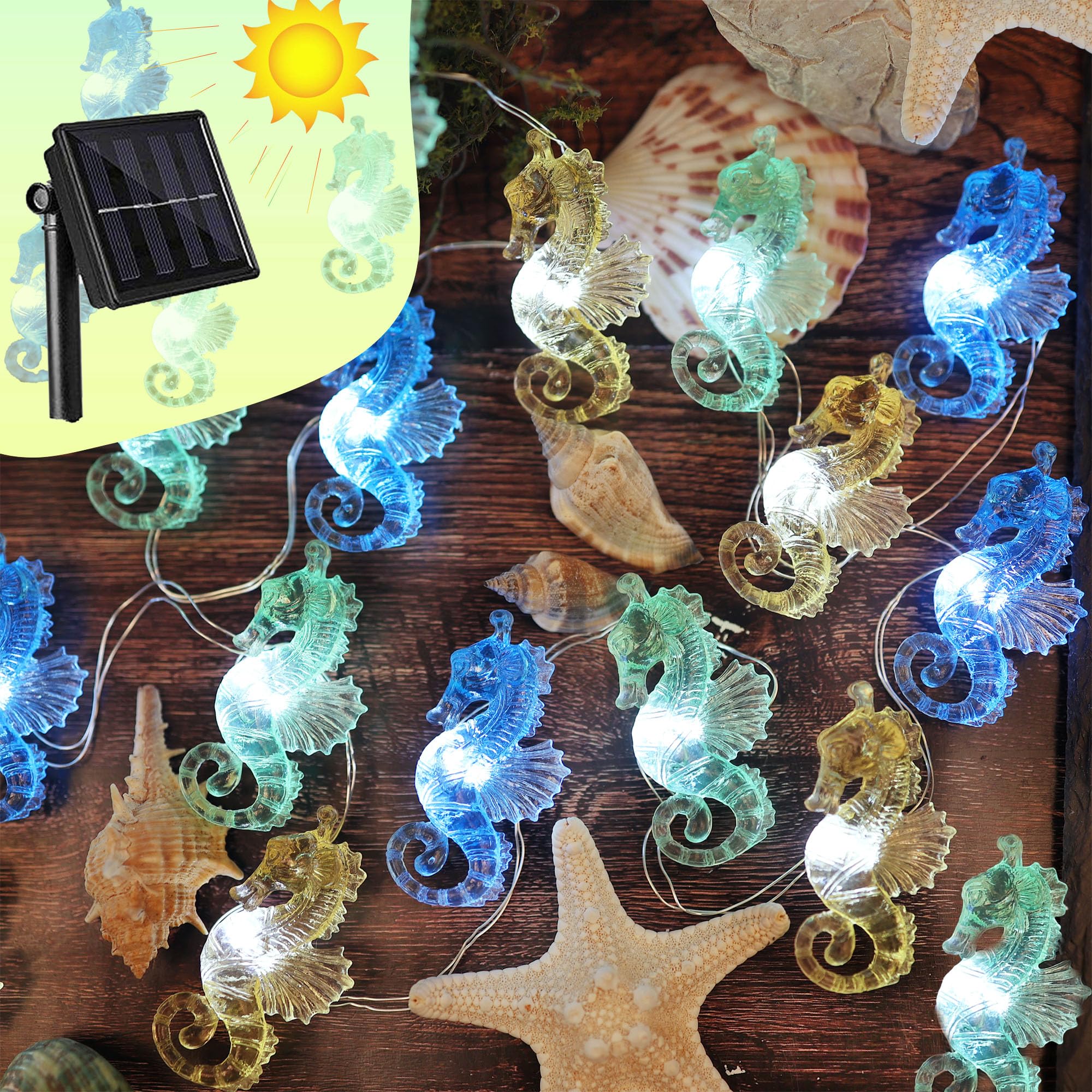 Luci solari a forma di cavalluccio marino decorativo per esterni luce solare per esterni decorazione da giardino impermeabile oceano nautico vita marina oceano balcone patio luci 40 LED 4,3 m cortile