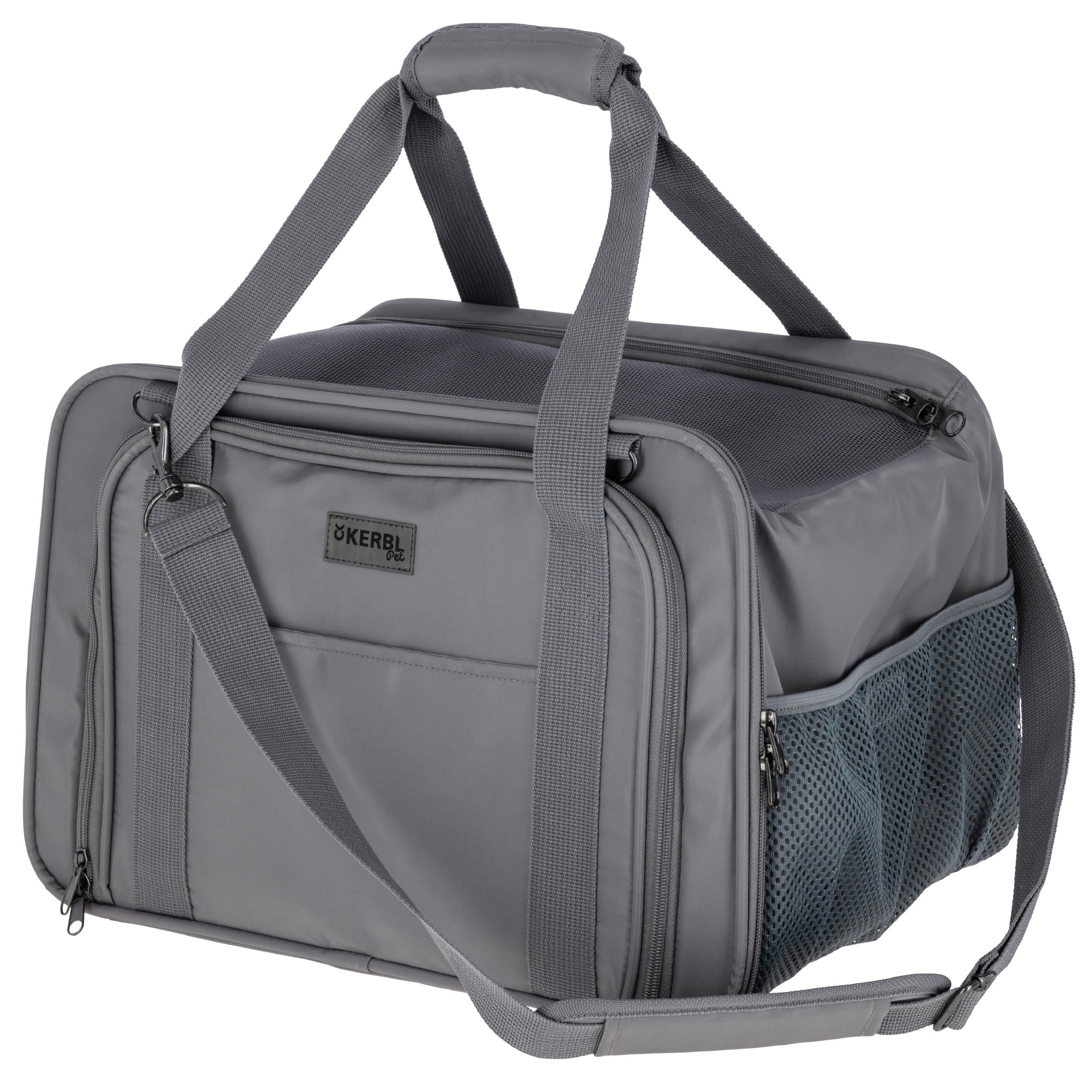 Kerbl Pet Tragetasche Vacation, Transporttasche, Transportbox, grau, 40 x 30 x 27 cm, für kleine Hunde und Katzen bis 15 kg, flugtauglich, Netz-Erweiterung, waschbar, Nylon-Gewebe