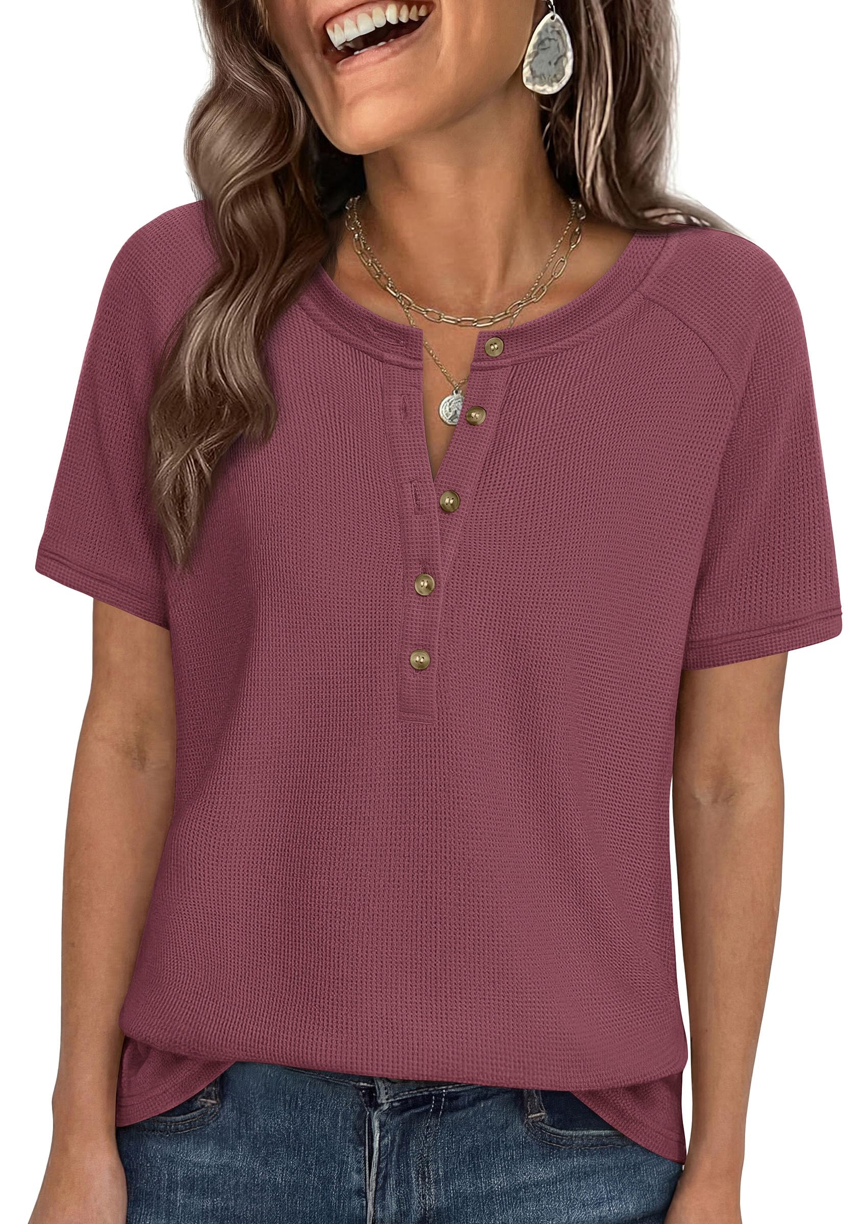 PRETTYGARDEN Waffle Knit Tops for Women Short Sleeve Henley Shirts 2026 Summer Blouses Dressy Casual Spring Fashion Clothes — view 24