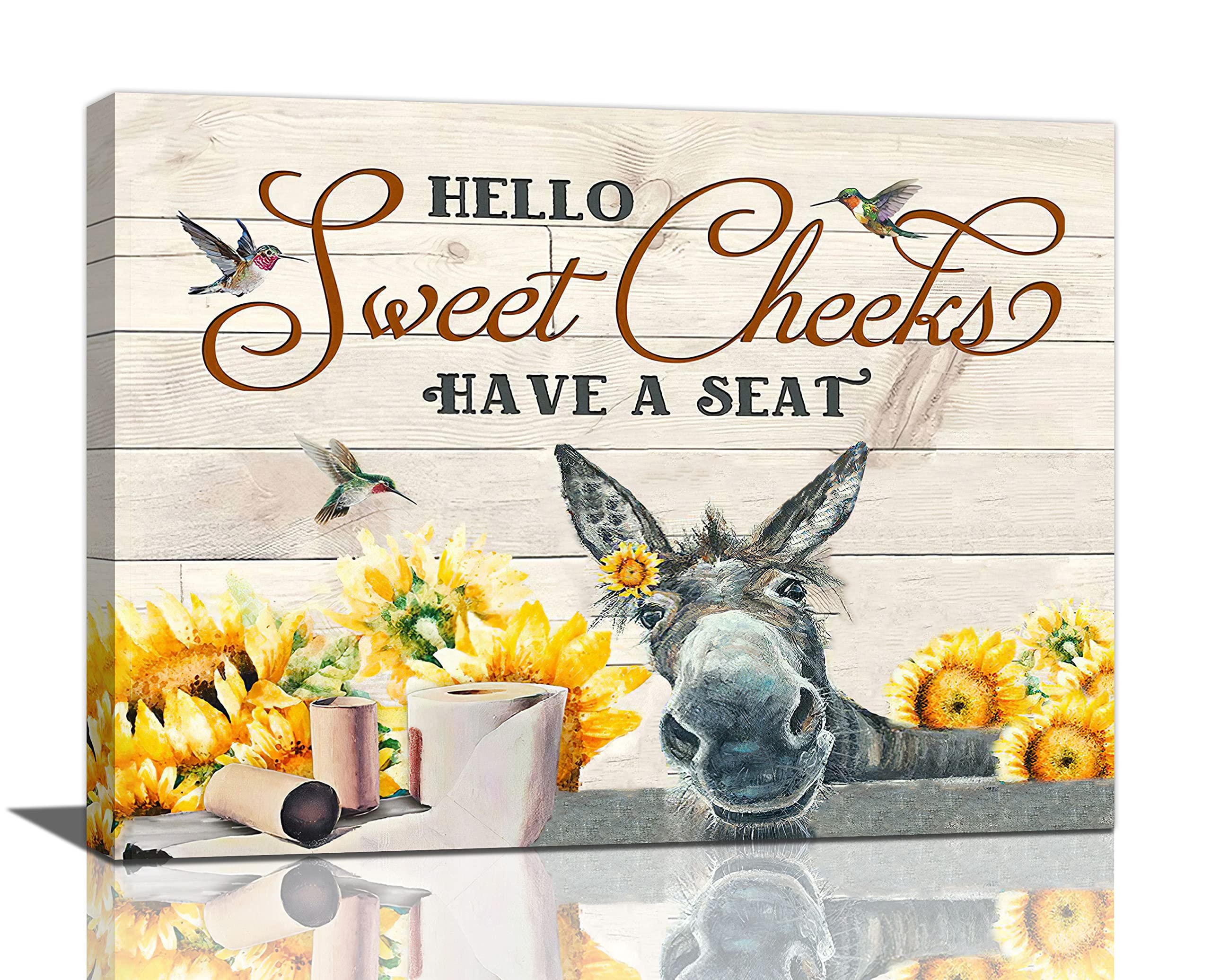 Farmhouse Donkey Wall Art for Bathroom Funny Donkey Birds Wall Decor Have a Seat Sunflower Pictures Print Painting Rustic Farm Flower Framed Artwork Canvas Home Decor for Bedroom Living Room 12"x16"