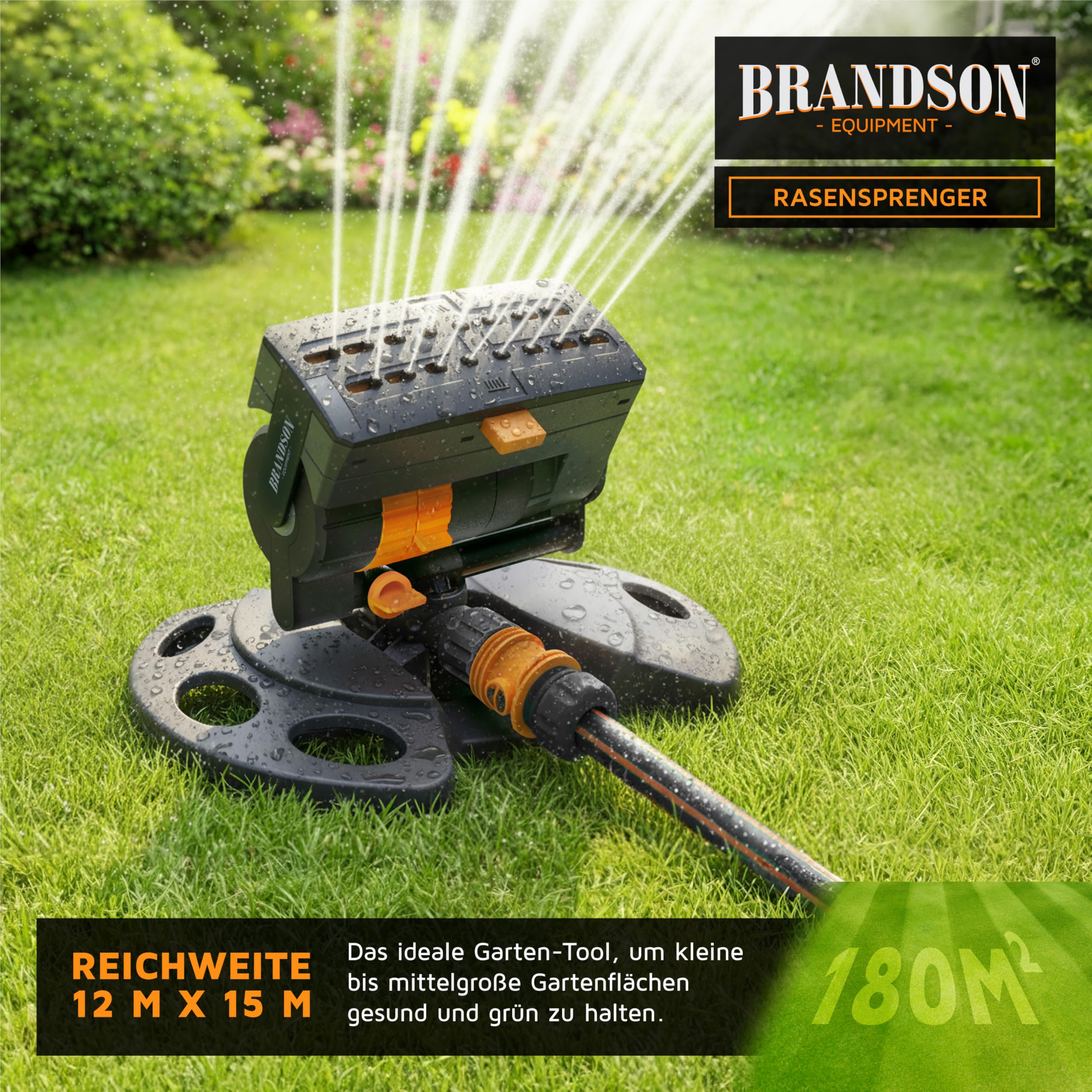 Brandson - Rasensprenger mit 16 Düsen für große Flächen – 3/4 Zoll Viereckregner - Sprühmuster einstellbar von parallel bis gefächert - Oszillation – Garten Rasensprinkler - 5