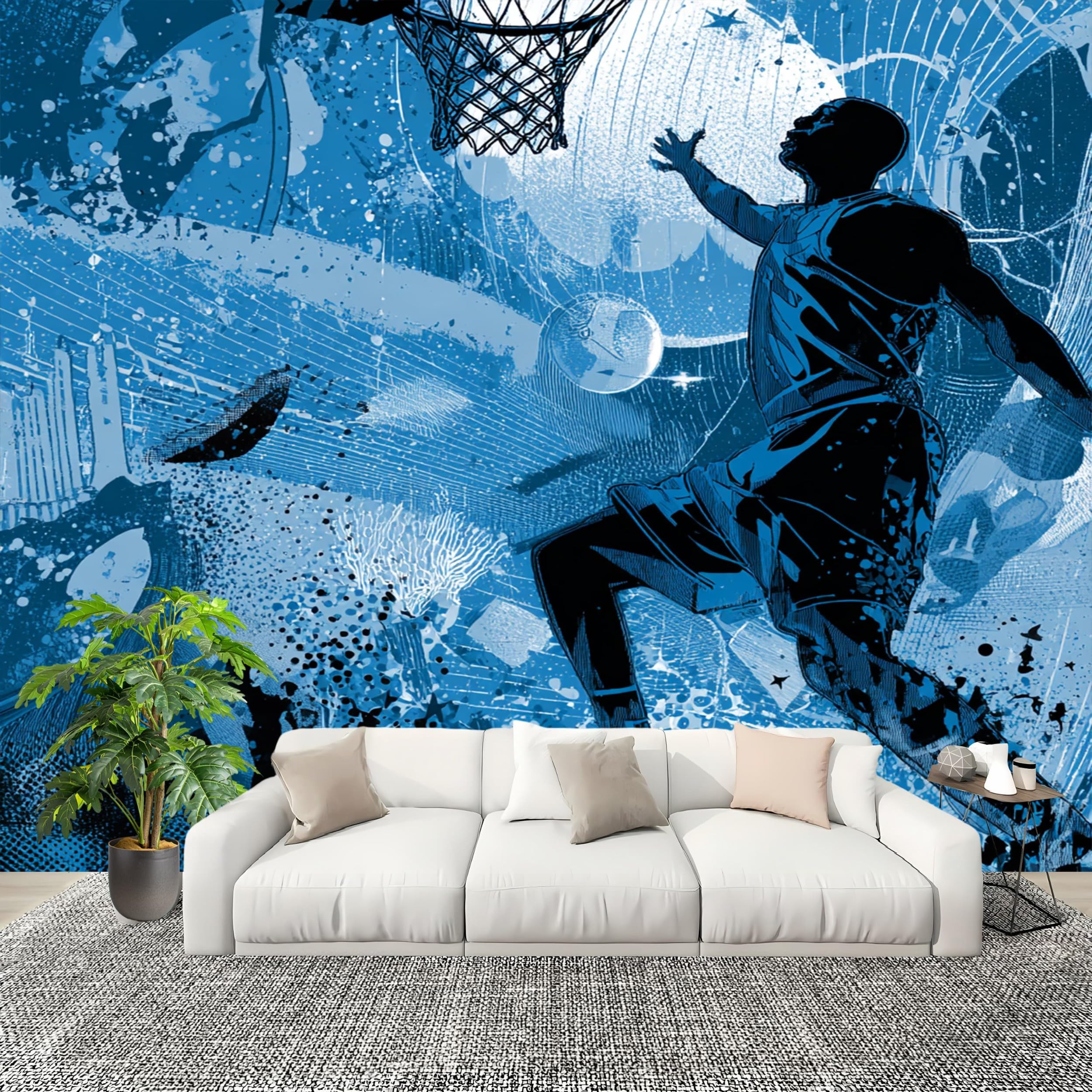 Générique Panoramiczna tapeta 3D 300 x 210 cm wzór sportowy koszykówka włóknina ścienna niebieski plakat ścienny do salonu dorosły pokój dziecięcy dekoracja gabinetu