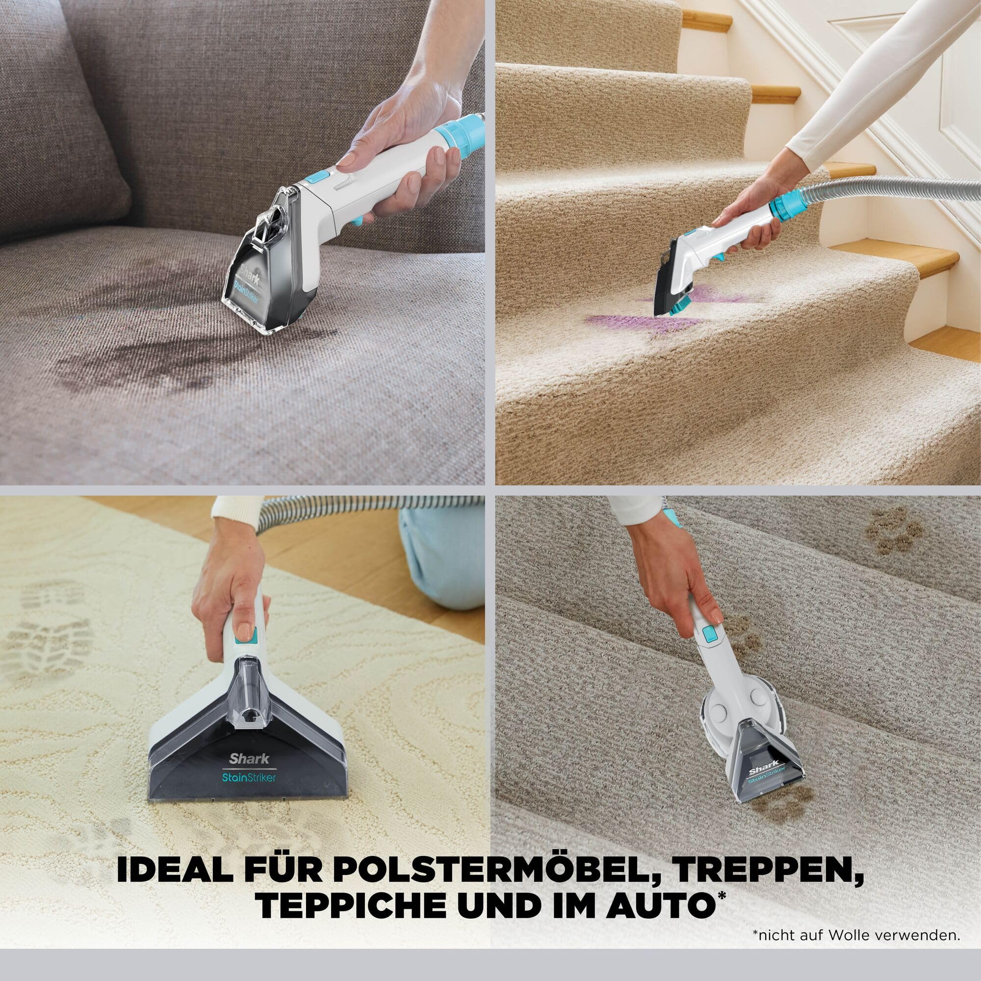 Shark StainStriker Fleckenreiniger mit 5 Aufsätzen, reinigt Teppich- und Polsterfasern, gegen Speisereste, Flüssigkeiten und Tiergeruch, leicht und tragbar, 450W, Weiß/Türkis, PX200EUT