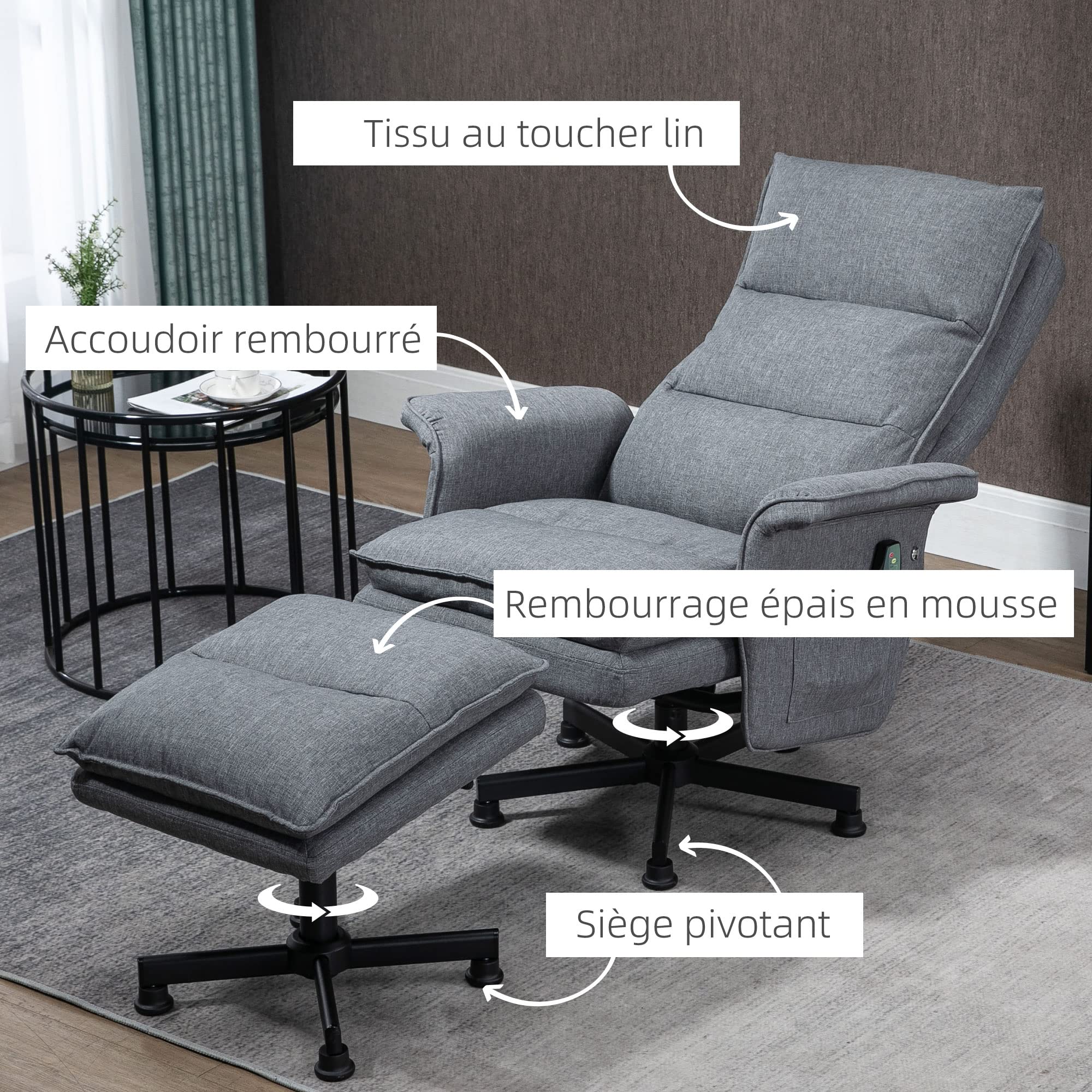 HOMCOM Fauteuil massant électrique Relaxant avec Repose-Pieds et télécommande 8 Zones de Massage Tissu Imitation Lin 78 x 93 x 99 cm Gris