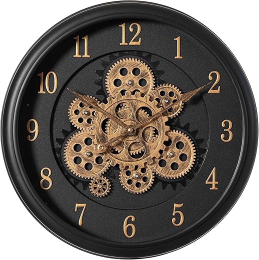 Clockswise 16'' Industrial Exposed Rotating Gear Wall Clock Steampunk Aesthetic with Vintage-Inspired Design Rustic Accents & Mechanical Charm Perfect for Living Room Bedroom Office or Entryway Décor