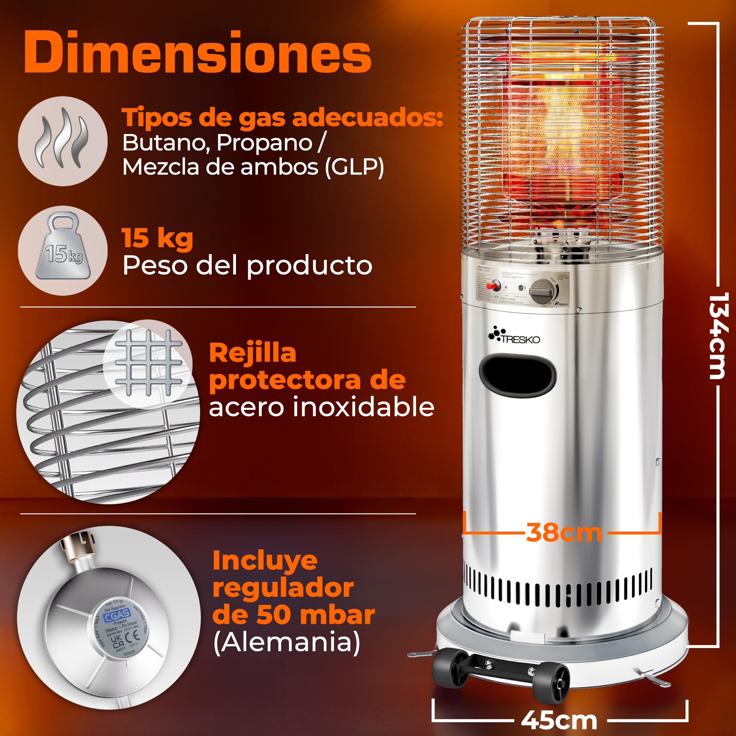 TRESKO Calefacción de terraza de gas 11 kW + ruedas, para botellas de 5 y 11 kg | Potente calefacción exterior para terraza, balcón, jardín, camping | Sombrilla calefactora con manguera y regulador