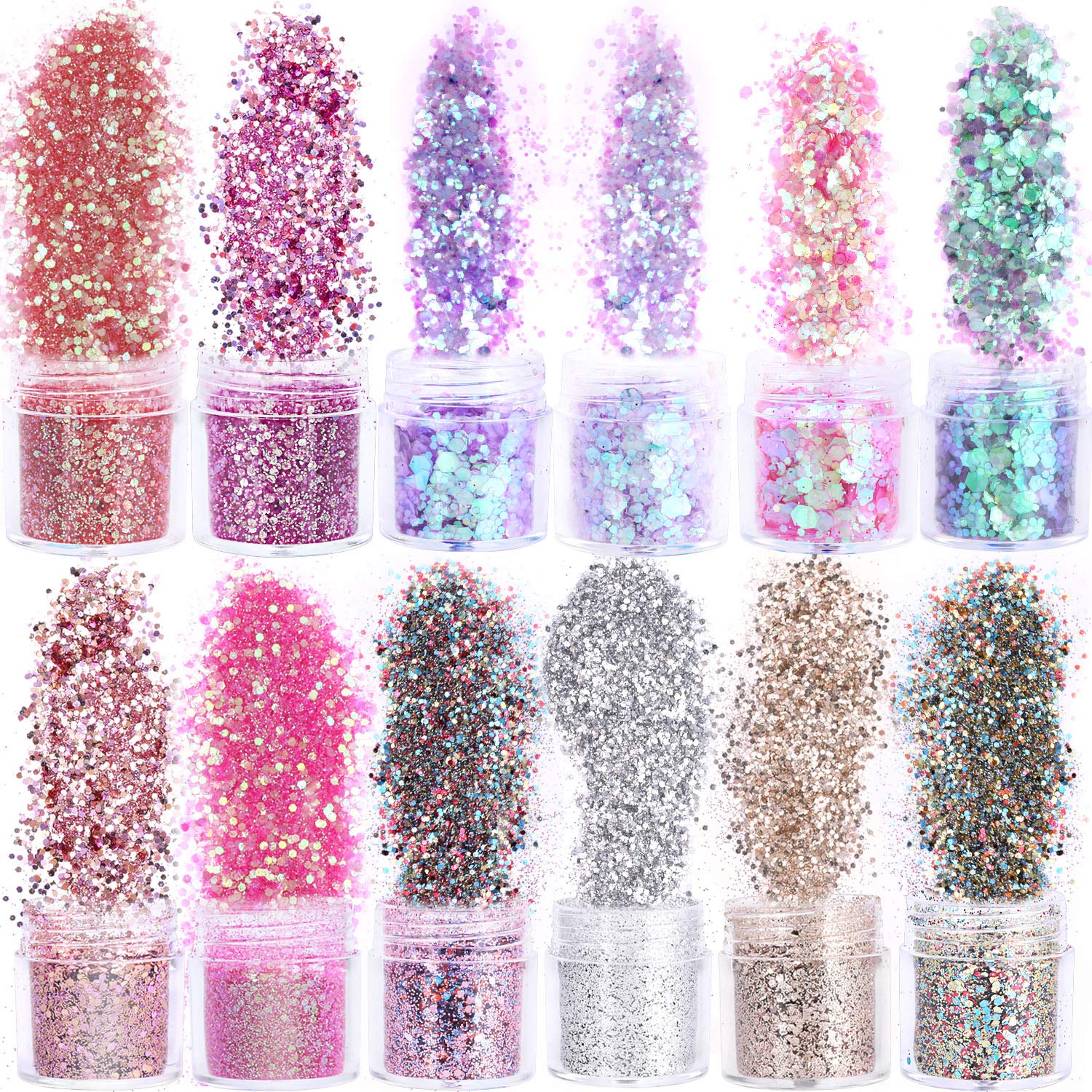 HOWAF 12 garnków Beauty Nail Glitter Cekiny puder z pędzelkiem 2 szt., mieszanka holograficznych brokatowych cekinów puder pył do paznokci twarzy oczu ciała włosów 3D zdobienia paznokci dekoracja