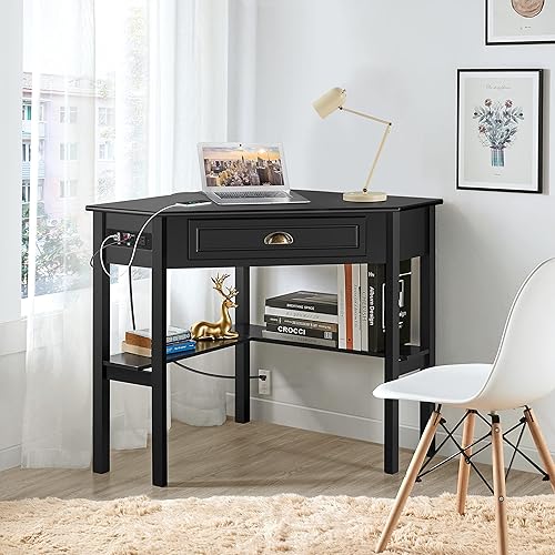 Miniatura 2 de Topeakmart Moderno escritorio esquinero para computadora con toma de corriente y cajón de almacenamiento para el hogar, escritorio en forma de L que