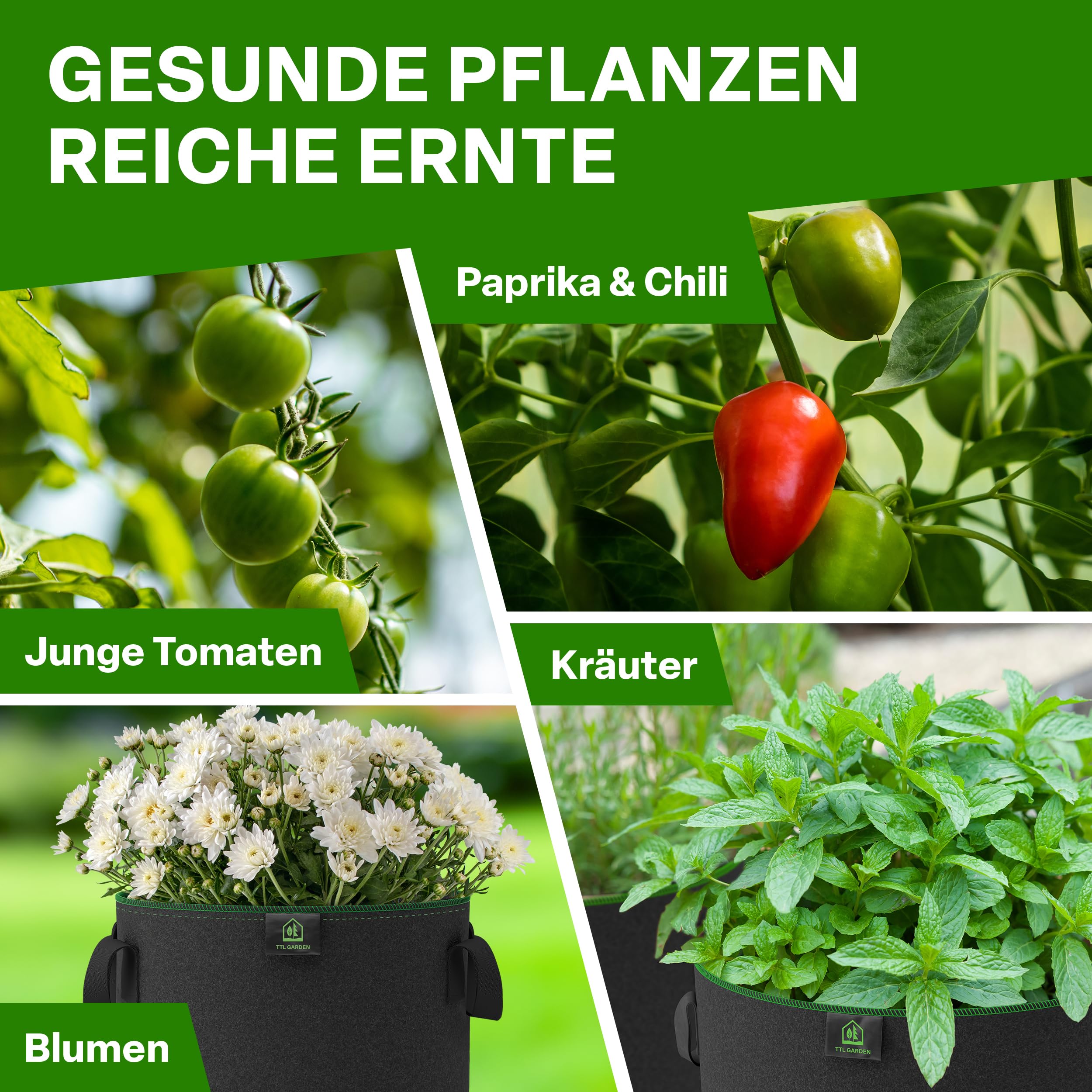 TTL Garden Pflanzsäcke 5x22L - Vlies Pflanztaschen 300g/m² Für Balkon & Terrasse