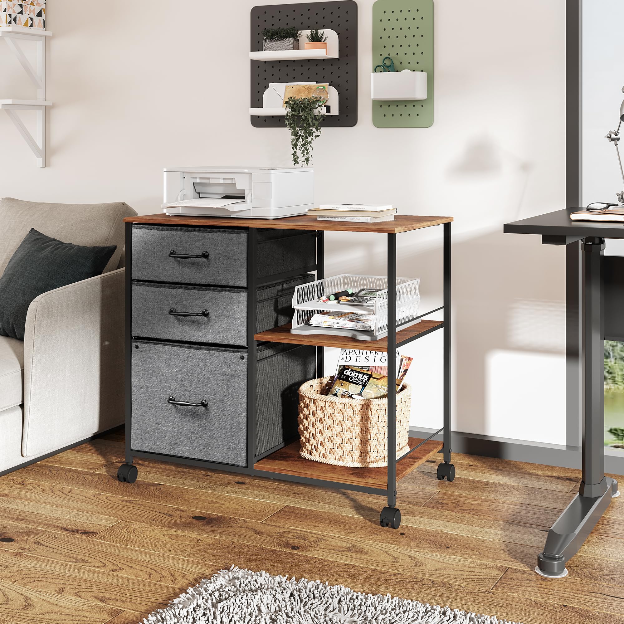 DEVAISE Caisson de Bureau Mobile 3 Tiroirs - Meuble Imprimante avec Étagère Ouverte pour A4/Letter - Gris