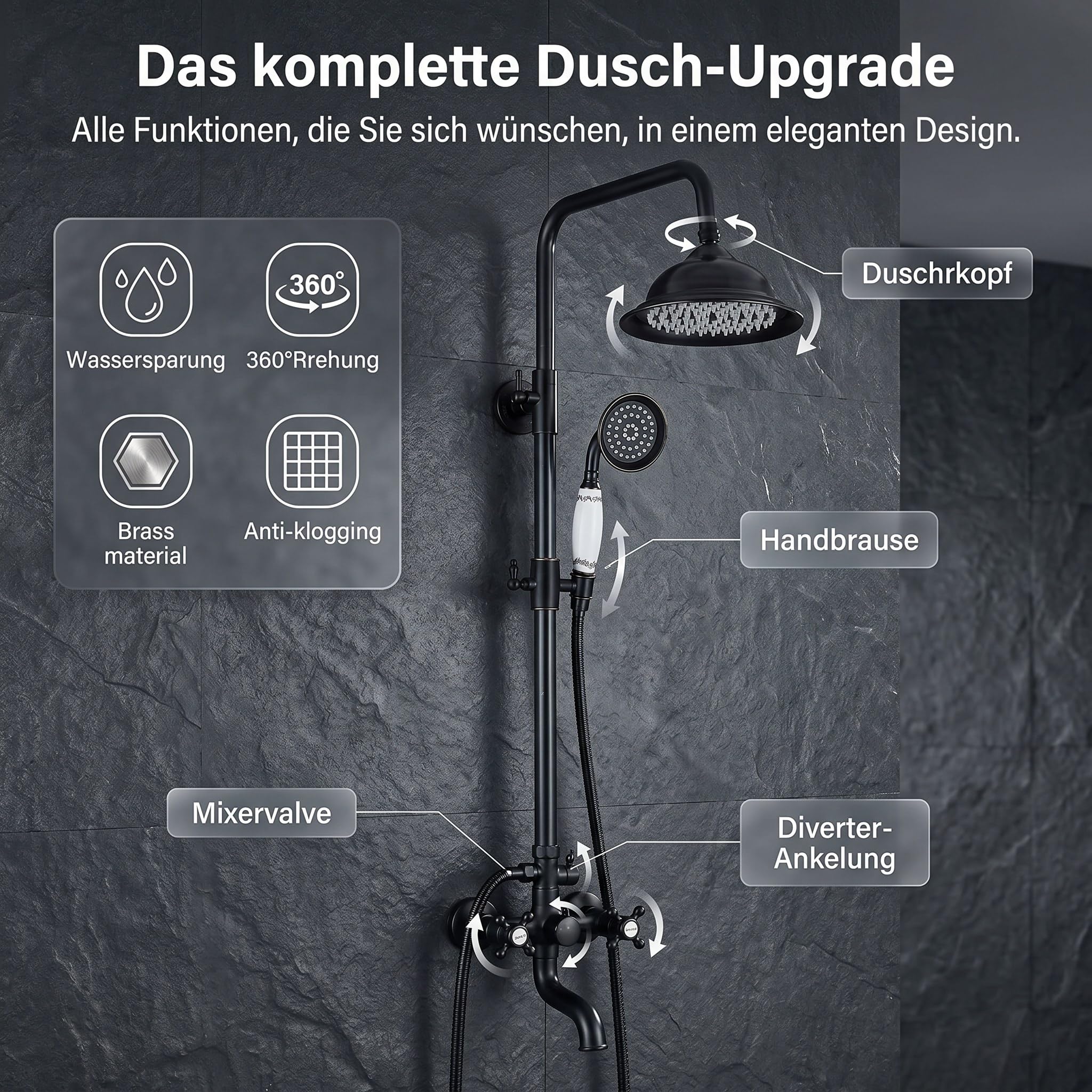 Retro-Duschsystem mit Armatur, 3 Funktionen, Schwarz | Nicht thermostatisch; Kopfbrause, Handbrause und Wannenauslauf einzeln wählbar; G1/2, 150 mm, Höhe 80-110cm