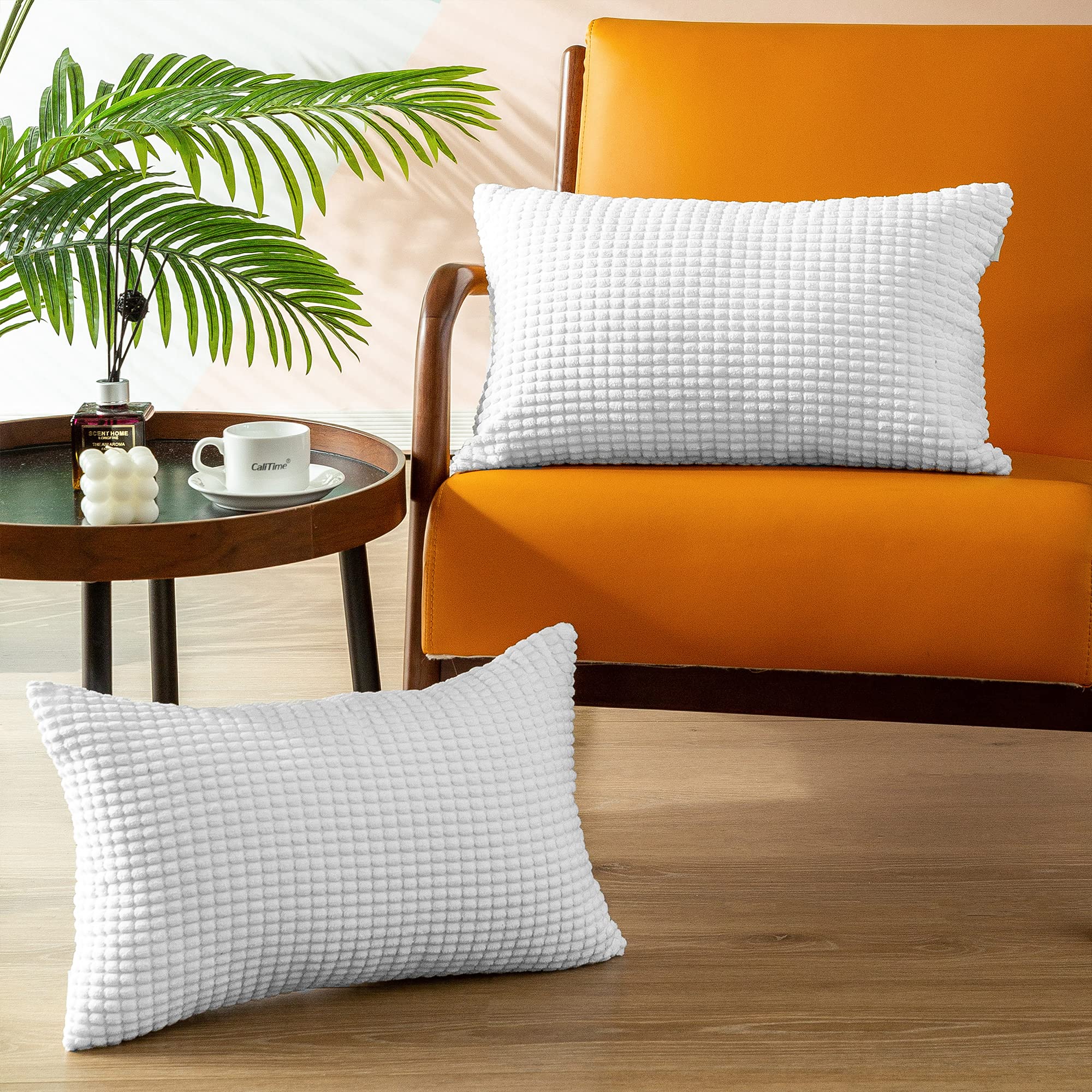 CaliTime Pack of 2 Comfy Bolster Pillow Covers Cases for Couch Sofa Bed Comfortable Supersoft Corduroy Corn Striped Both Sides 30cm x 50cm True White — image 1