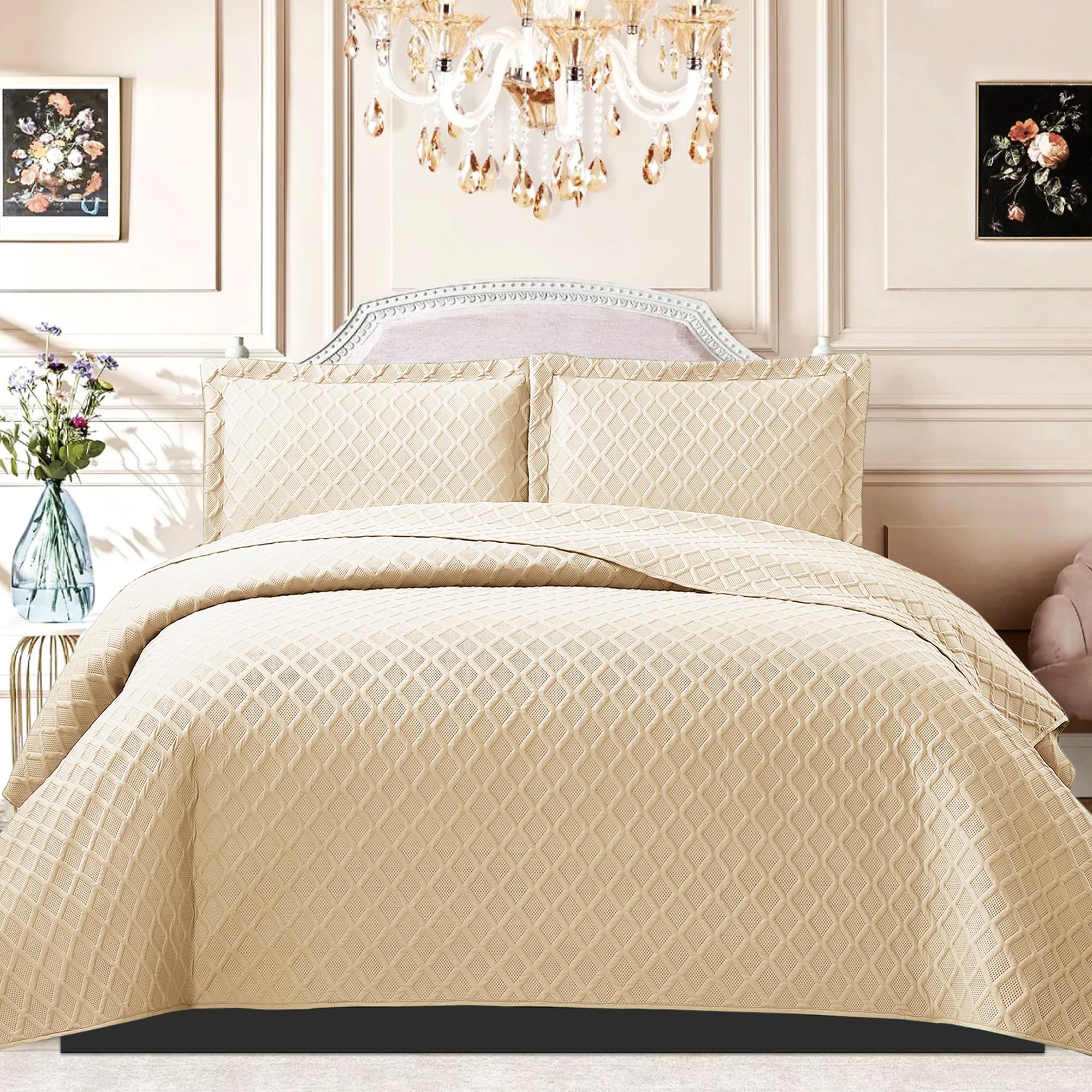 B&B Quilted Bedspread Bed Throws - Luxury Embossed Diamond Check Pattern Reversible Quilt Bedspreads Coverlets for Bedroom Decor with Matching Pillow Shamss (King, Beige) — image 1