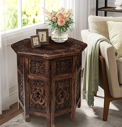 Vista 35 de Mesa auxiliar redonda, mesa auxiliar redonda, mesa decorativa de madera, mesa auxiliar pequeña, mesa auxiliar de madera tallada, mesa auxiliar, mesa